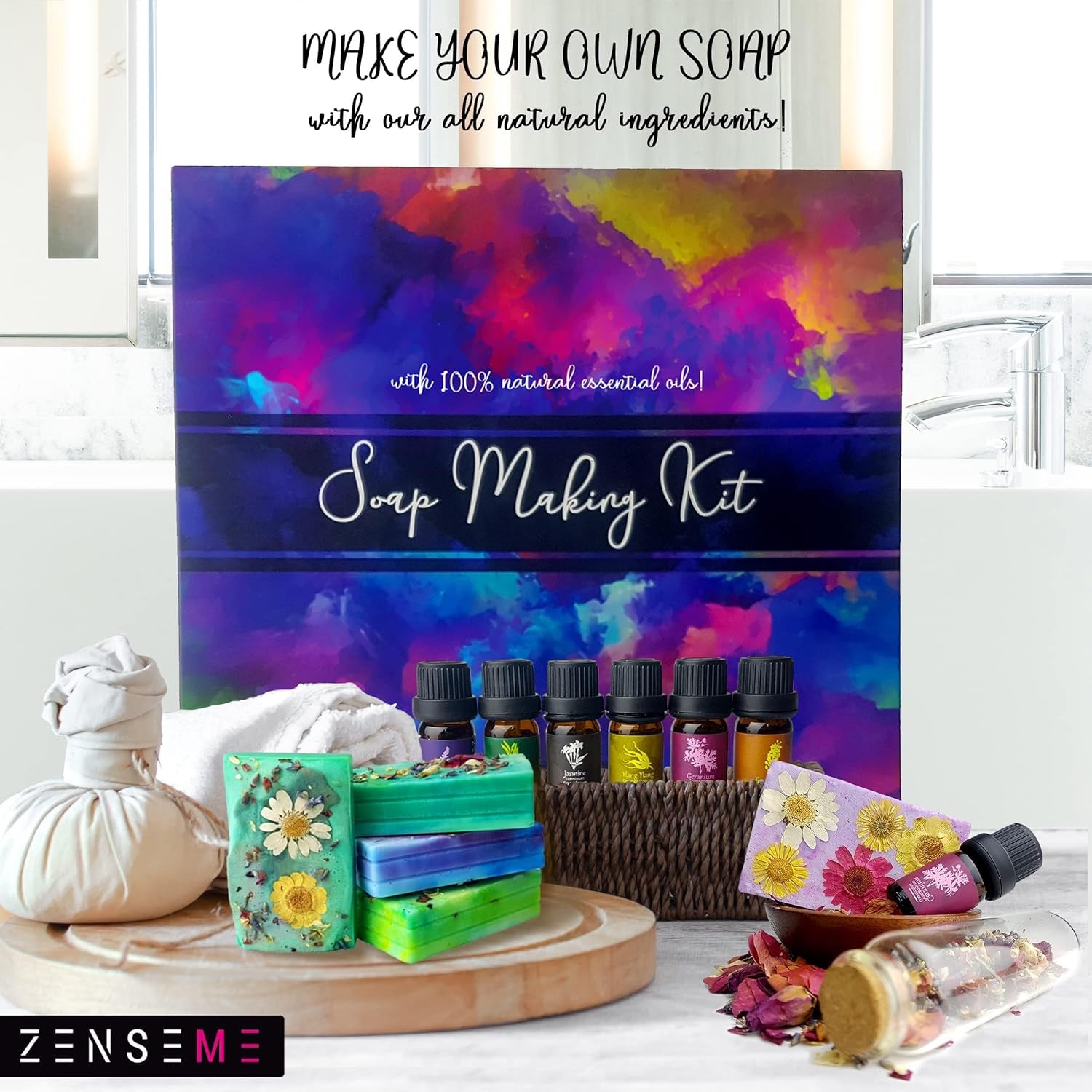 Soap Making Kit for Adults, Make Your Own Soap with Melt and Pour Diy Natural Soap Supplies; 6 Essential Oils, Silicone Soap Mold, Spoon, Dried Flowers, 2Lbs. Shea Butter Soap Base, 4 Colors, 9 Labels