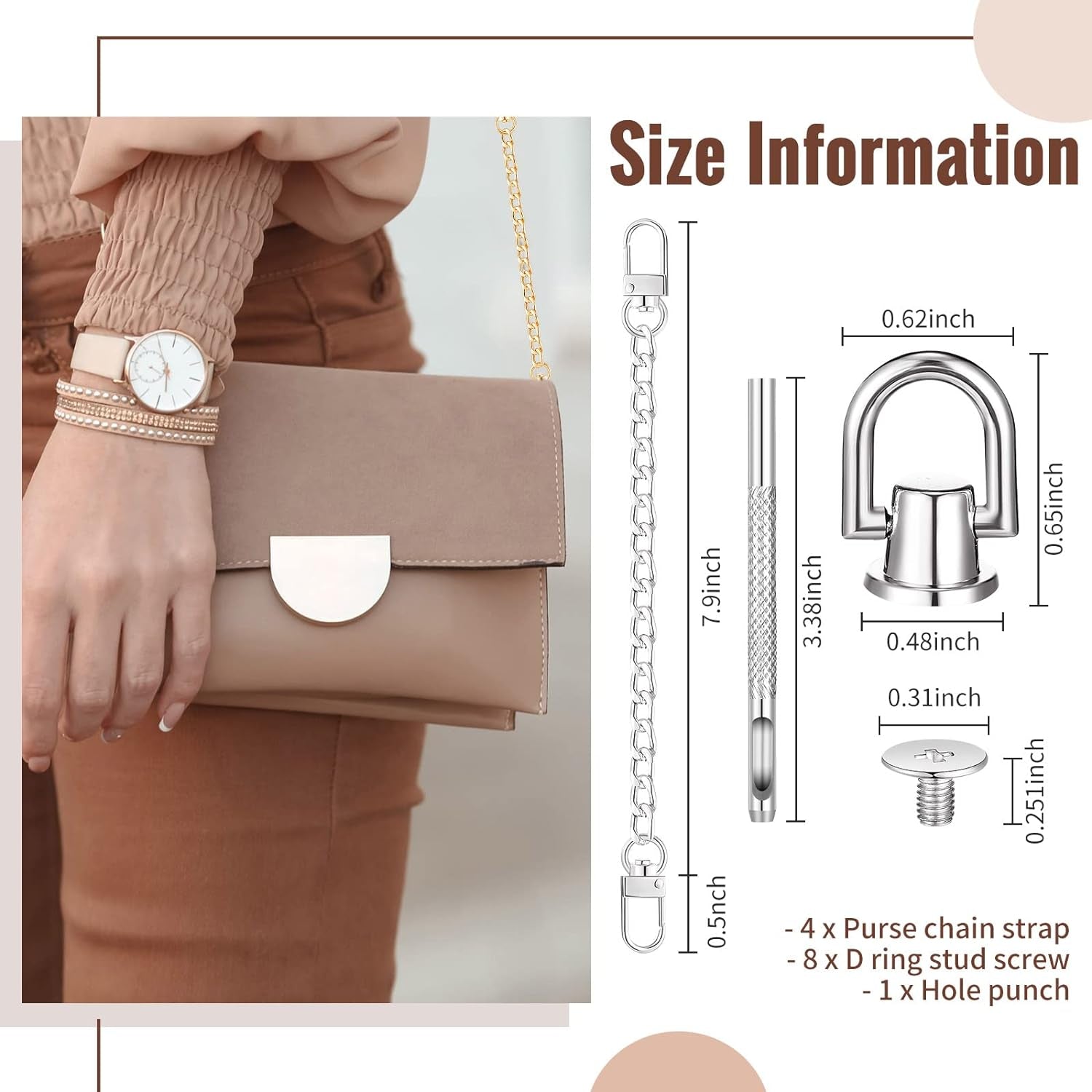 4 Pcs Purse Chain Strap Extender 7.9 Inch Purse Chain and 8 Pcs Studs Rivets D Ring, Flat Purse Strap Extender with Post Head Buttons Bag Making Supplies with Hole Punch for DIY Wallet, Gold, Silver