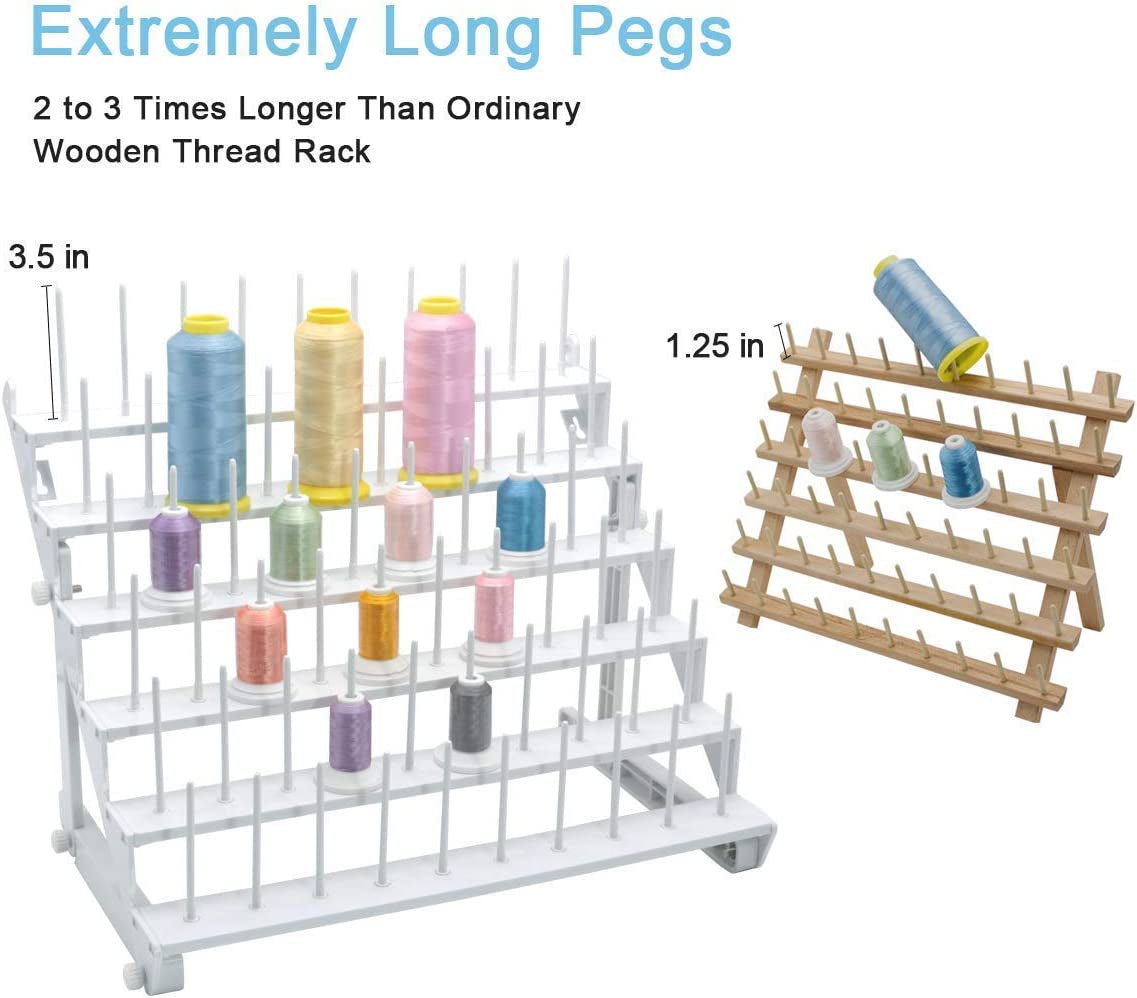 Thread Rack for 60 Spools or 30 Cones, Wall Mounted Large Thread Holder with Long Pegs, Bright White Plastic Thread Stand for Embroidery Serger Sewing Thread Storage and Hair Braiding