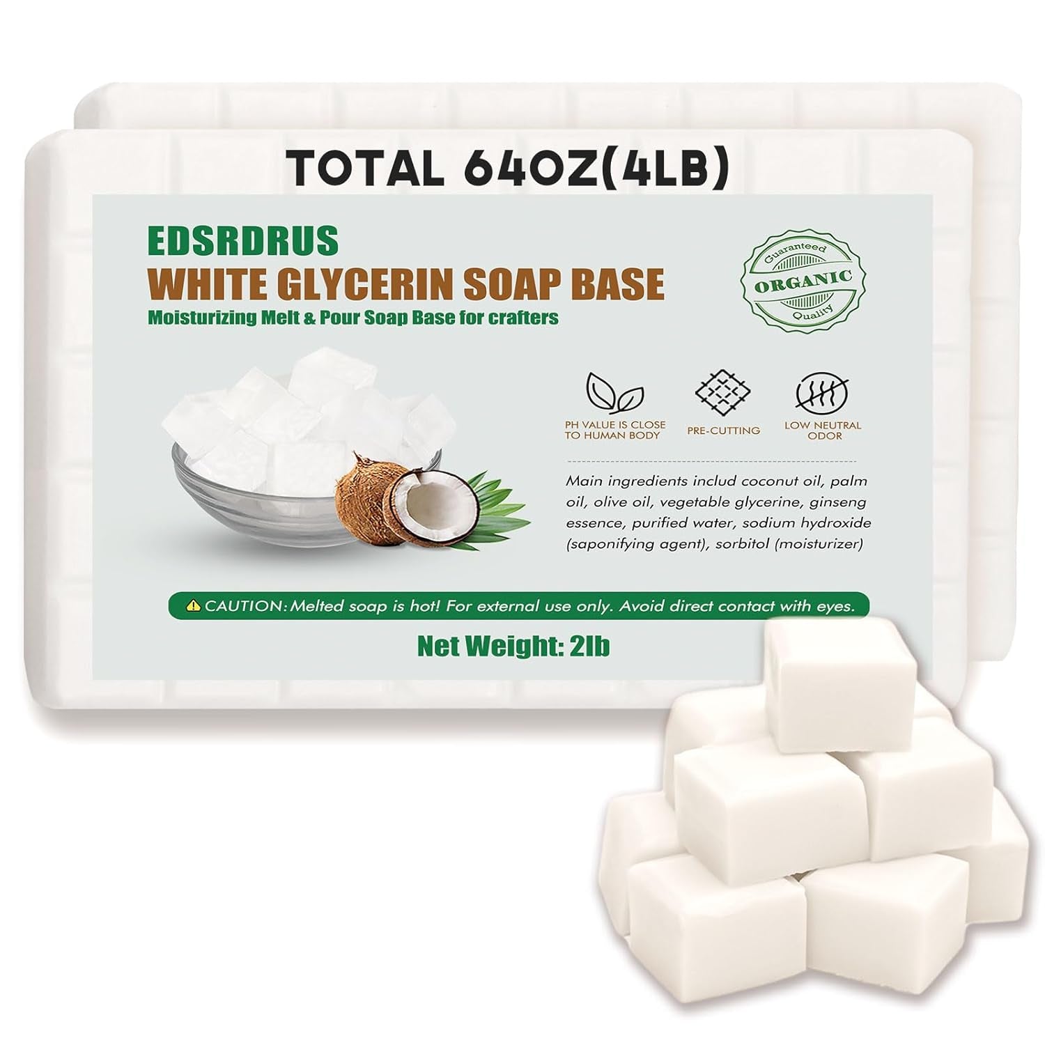4LB Unscented Glycerin Soap Base DIY Handmade Soap Moisturizing Melt and Pour Soap Base for Crafting, Vegetable Glycerin &amp; Coconut Oil, Easy to Cut (White,4Lb)
