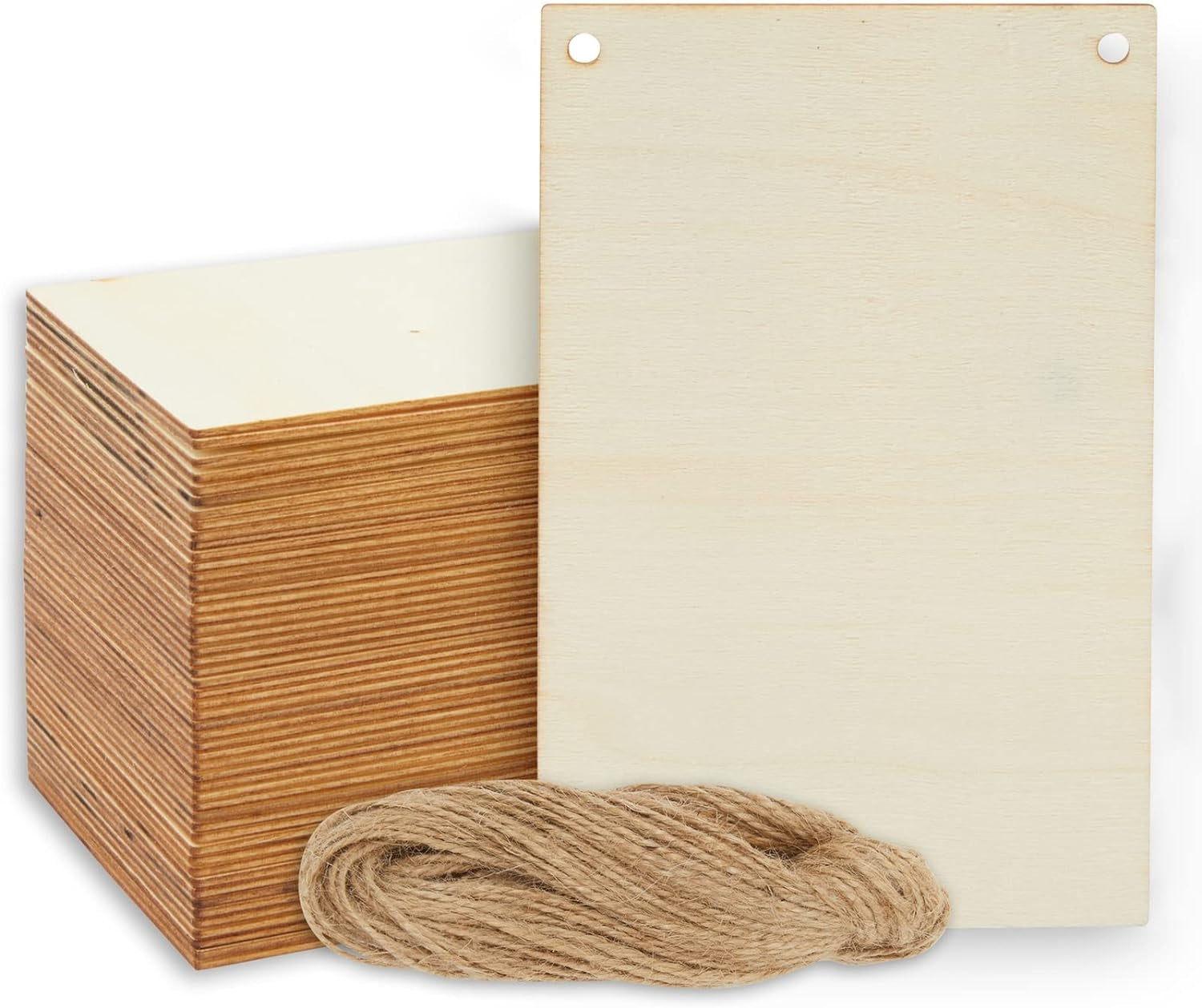 50 Pack Unfinished Wood Plaque Blanks with Jute String for Crafts, DIY Party Banners, Wooden Pennants, Blank Wooden Signs for Crafts, Art Projects (3.75 X 5.75 In)