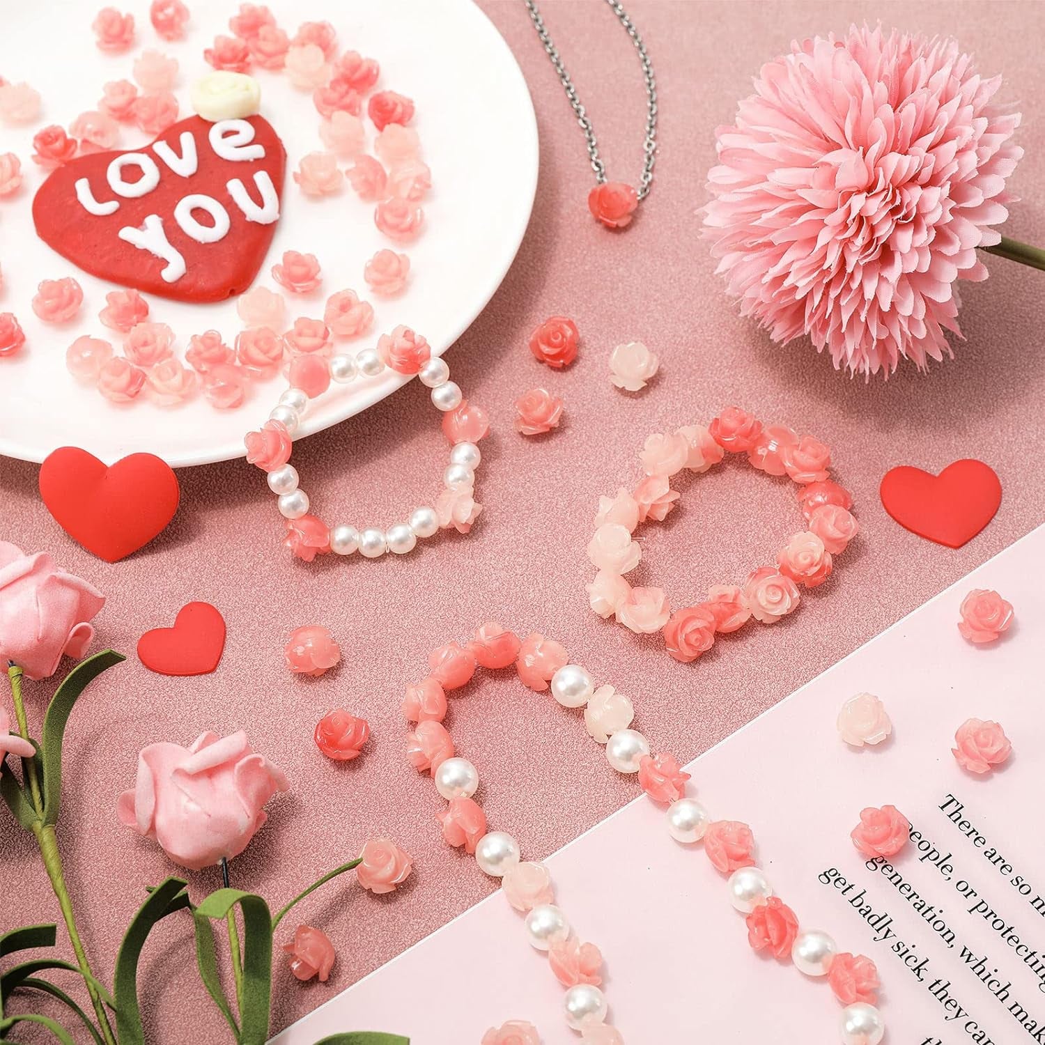 50Pcs Rose Beads Pink Shell Rose Carved Loose Beads Floral Cameos Spacer Bead for Buddha Mala Jewelry Making Necklace Bracelet Supplies Scrapbooking DIY Crafts Wedding Decors