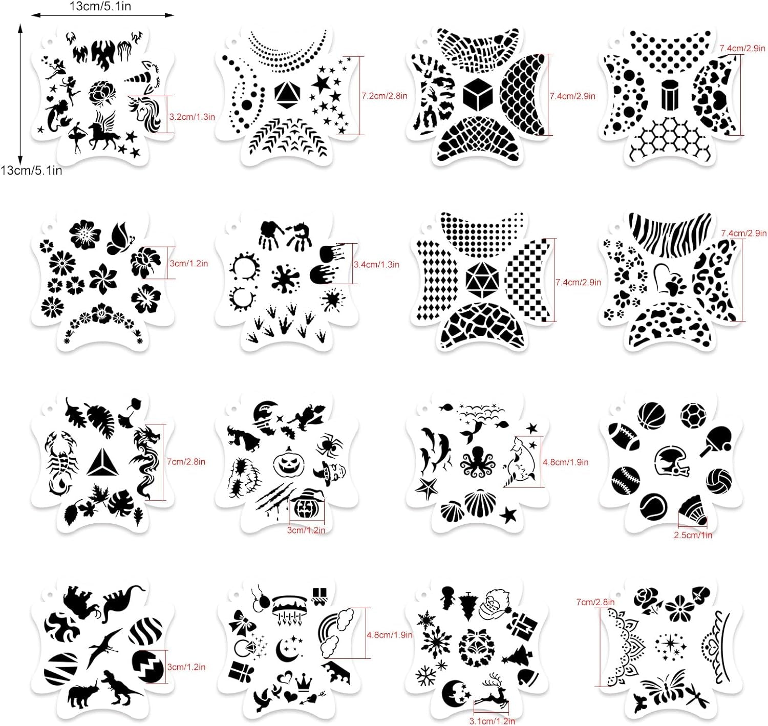 16 Pcs Face Paint Stencils, 121 Patterns Body Facial Painting Stencils, Reusable Mermaid Scale Flowers Face Tattoo Stencils Makeup Kit Face Tracing Stencils for Christmas Holiday Halloween Party