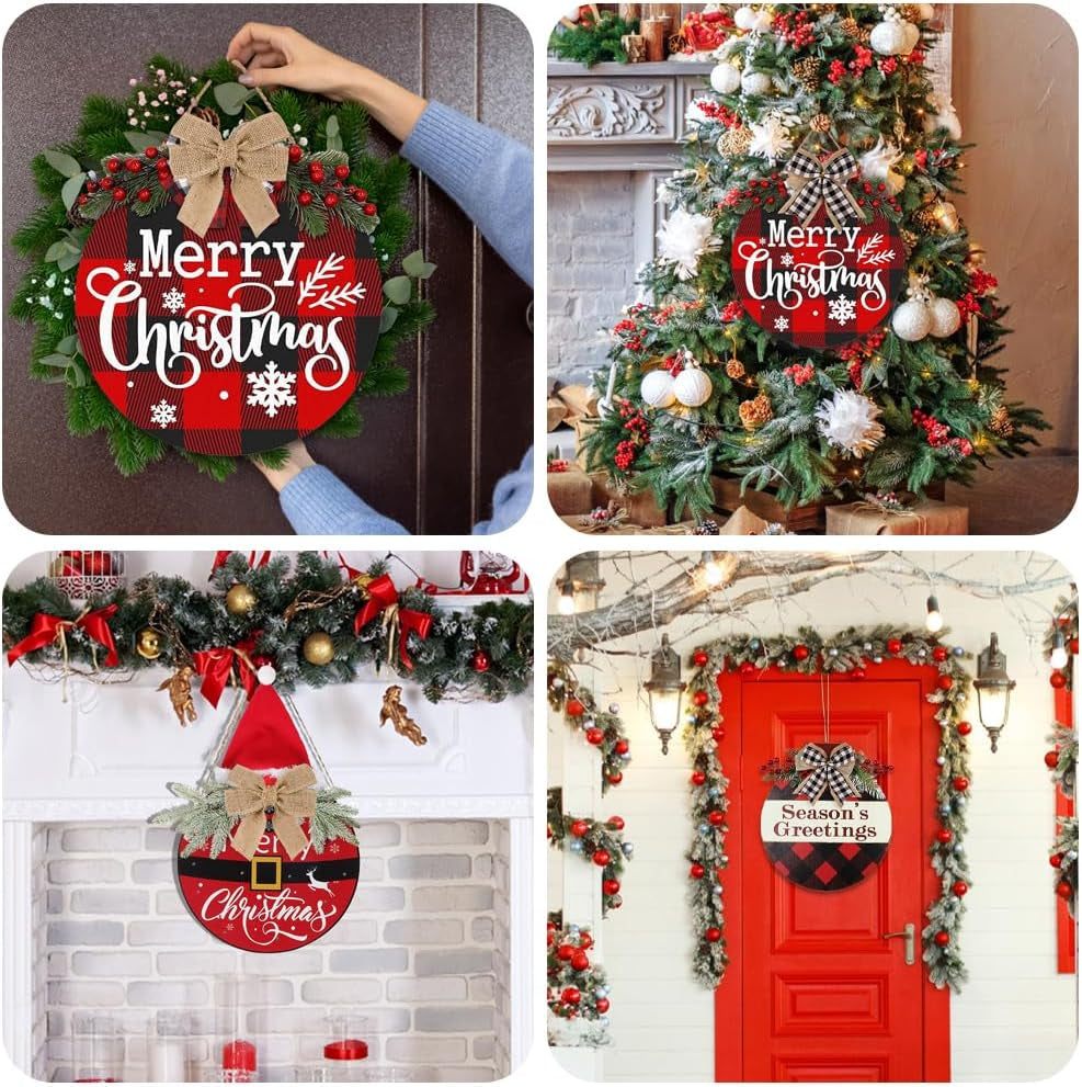 6 Pack Wood Circles for Crafts 14 Inch Unfinished Wood Slices Blank Wooden Door Hanger Sign round Wood Discs with Bows Twine Glue Point for DIY Crafts Painting Christmas Home Holiday Decor