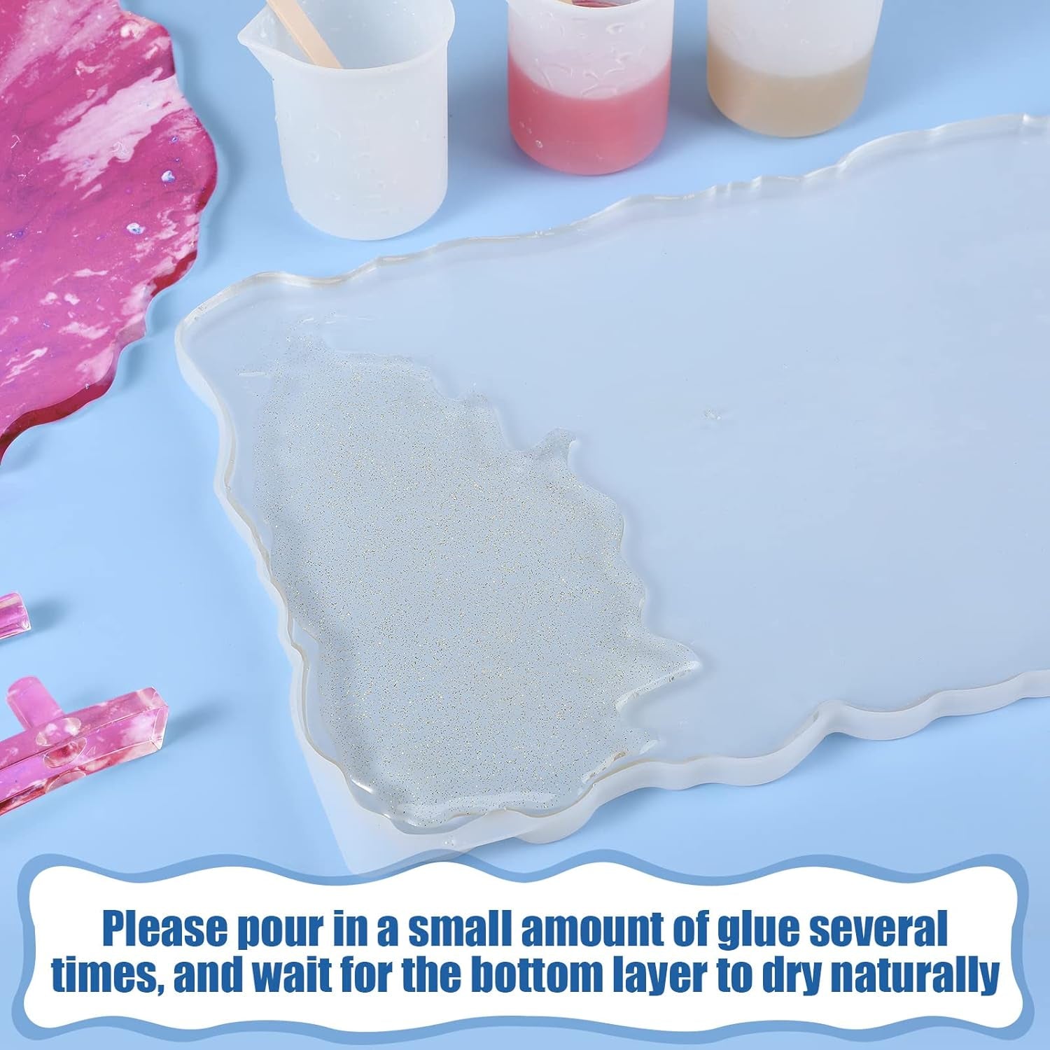 2 Pcs Large Silicone Resin Tray Molds with 4 Pcs Handles Serving Tray Molds Resin Mold for Making Jewelry Plates Tea Coasters Art Craft Casting Supplies