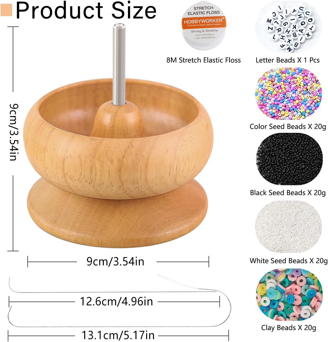 Upgrade Wooden Bead Spinner with 2 Pcs Big Needles,8000 Pcs Seed Beads and 1 Surprise Gift Pack for Jewelry Making Tools,Quickly Stringing Beads Tool, Manual Operated