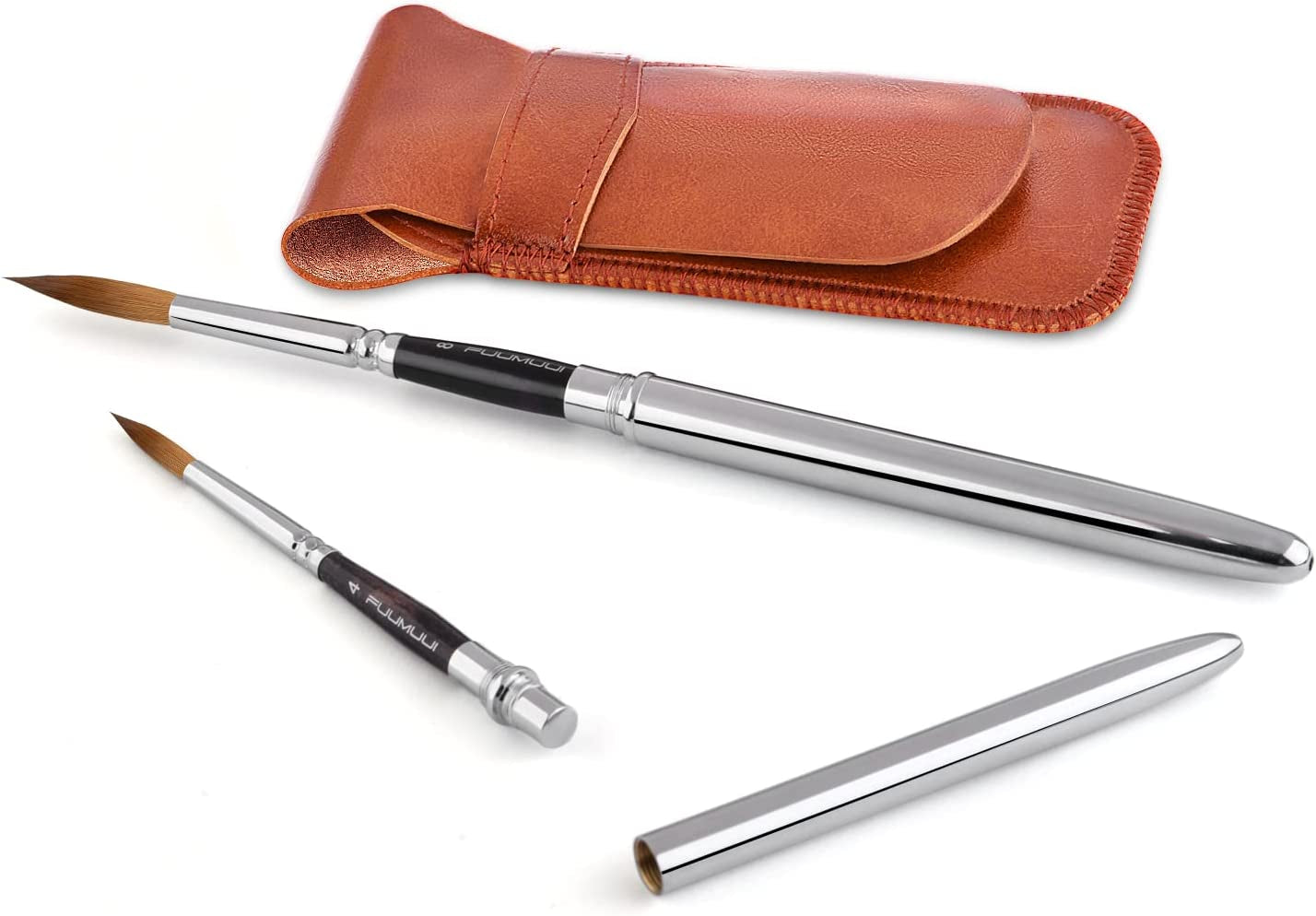 Sable Travel Watercolor Brushes,  4Pcs Kolinsky Sable Watercolor Travel Brushes with Leather Pouch - Fine Point Rounds Dagger Flat for Watercolor Gouache Ink Painting
