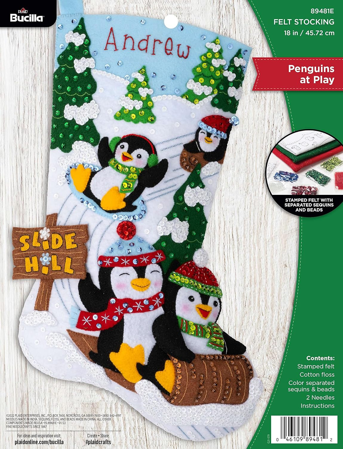 Felt Applique Stocking Kit, Penguins at Play 18" Felt Applique Stocking Making Kit, Perfect for DIY Needlepoint Arts and Crafts, 89481E , White