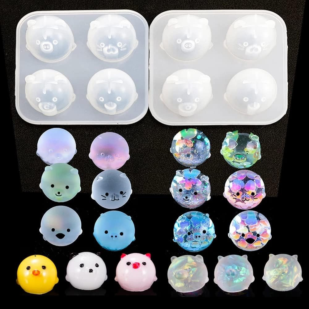2Pcs Silicone Resin Molds for Jewelry Keychain Pendent Necklace, Cute Animal Orbs Piglet Chicken Bear Shape Ornaments Casting Molds for UV Resin Crafts, DIY Jewelry Making (Mirror & Matt)