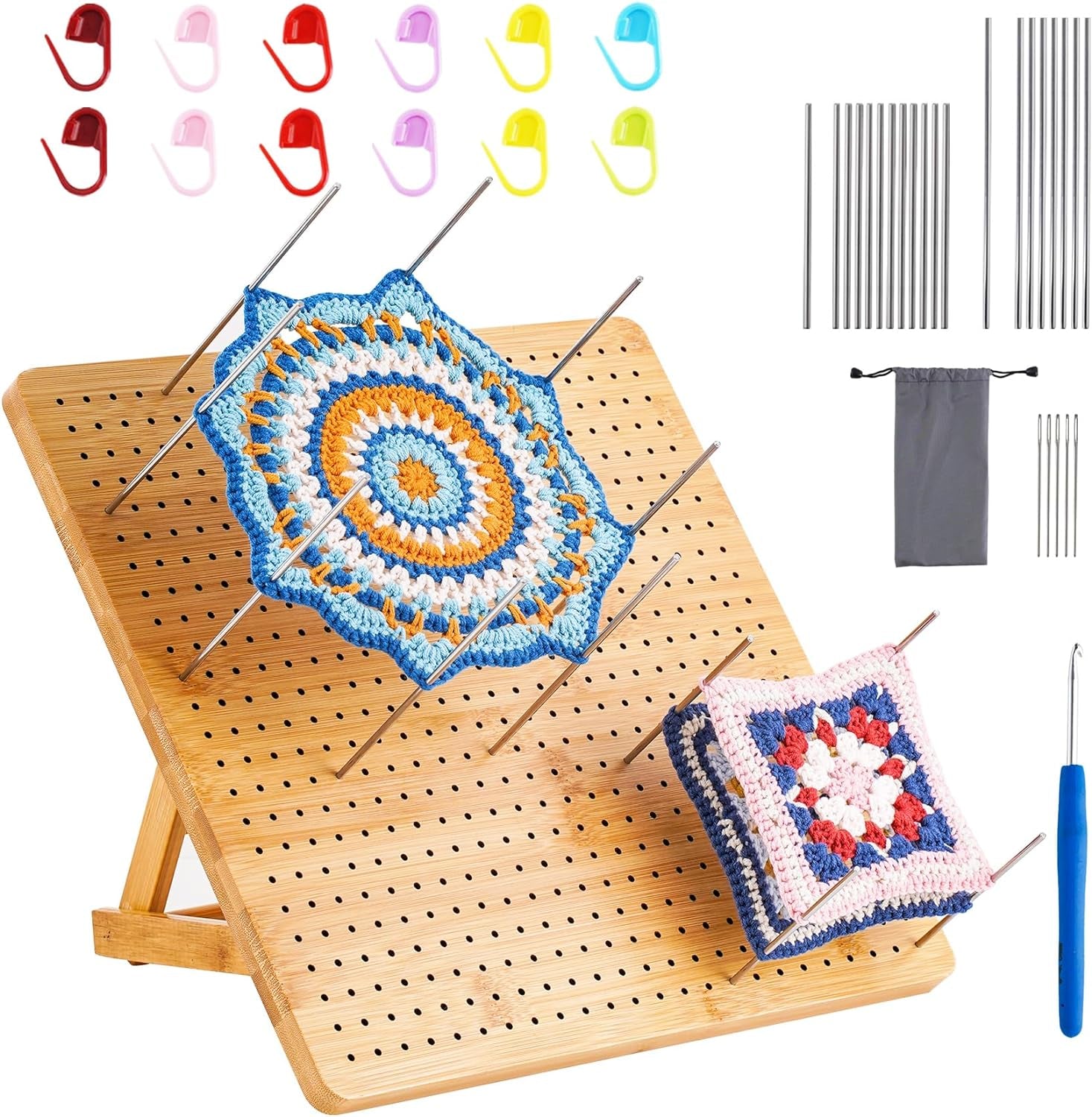 Crochet Blocking Board, 11.6 Inches Bamboo Blocking Board for Knitting Crochet and Granny Squares, Handcrafted Knitting with 20 Pcs Stainless Steel Pins and Crochet Kit