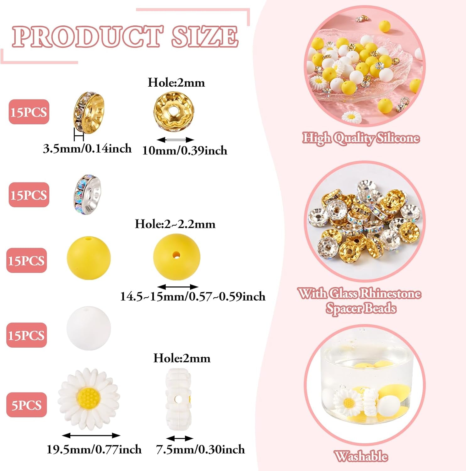 65Pcs Daisy Flower Silicone Focal Beads Yellow Silicone Rubber Beads Summer Focal Bracelet Beads Glass Rhinestone Beads for Necklace Spring’S Festival Jewelry Making