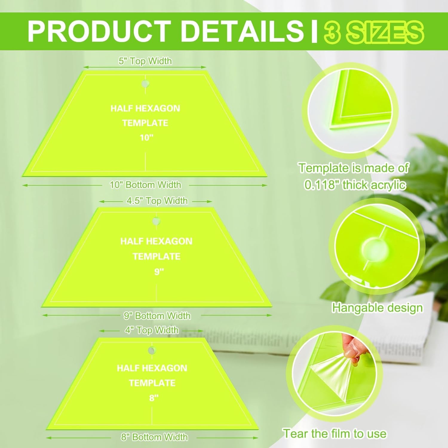 3 Pcs Half Hexagon Quilting Template Acrylic Quilting Template Ruler 8 9 10 Inch Quilt Rulers for Quilting and Sewing Layer Cake Patchwork Quilt Supplies for Cutting Patterns DIY Craft (Green)