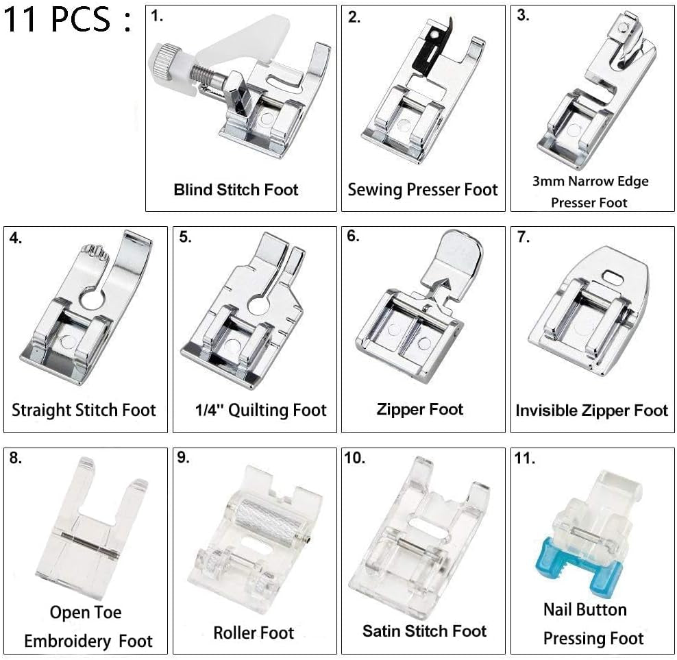 11Pcs Presser Feet, Sewing Machine Kit Household DIY Spare Parts Accessories for Sewing Machine Brother Singer Janome Toyota