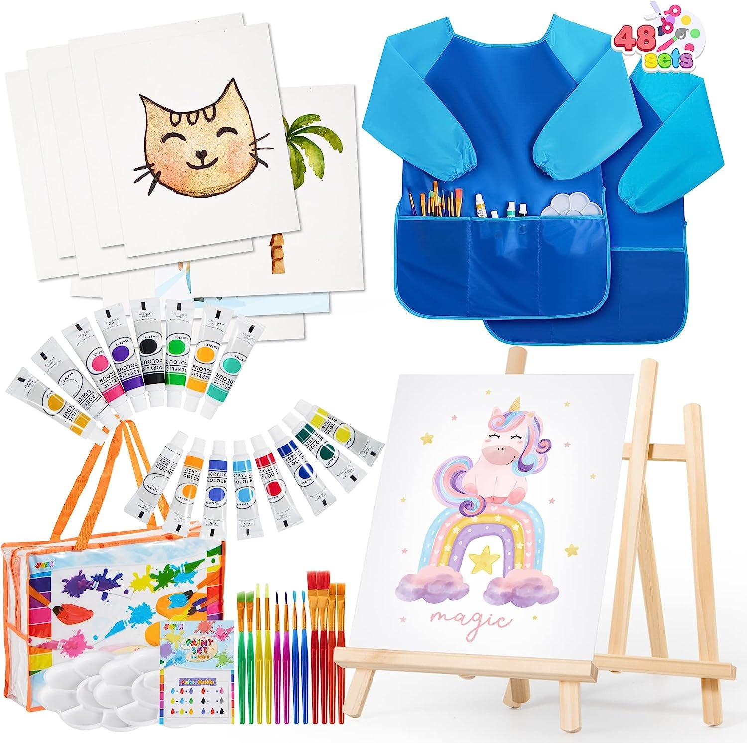 48 Pieces Art Painting Supplies for Toddlers and Kids with 12 Paint Brushes, 10 Painting Canvas, 2 Tabletop Easels, 2 Art Smocks, 18 Acrylic Painting Colors, Paint Palettes, Presents for Kids