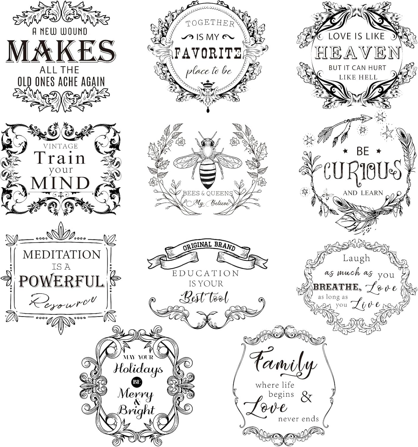 11 Sheets Vintage Word Rub on Transfers for Furniture and Crafts Black Warm Letters Rub on Transfer Furniture Stickers Decals for School Home Office DIY Art Craft Decor, 5.5 X 5.5 Inch