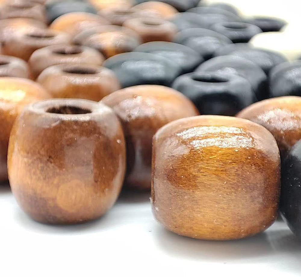 200Pcs Large Hole Barrel Wood European Loose Beads 4 Colors Natural Wooden Dreadlock Hair Braid Beads for Hair Braids Jewelry Bracelet Necklace Making 16X16-17Mm