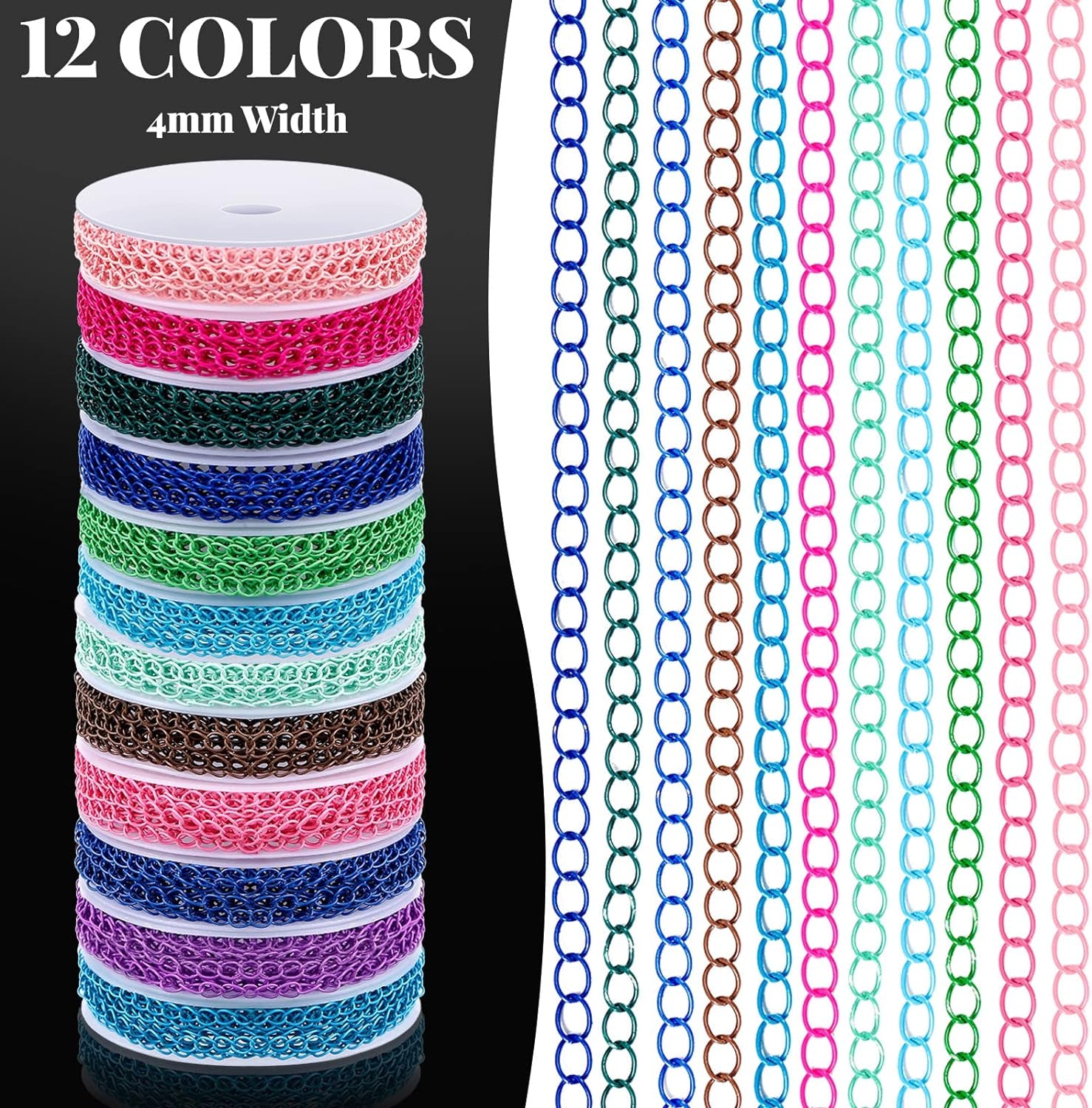 12 Rolls 120 Feet 4 Mm Jewelry Making Chains Necklace Chains Jewelry Making Supplies Jewelry Chain Link Cable Chain Roll with 120 Lobster Clasps 50 Jump Rings for DIY Earring Bracelet, 12 Colors