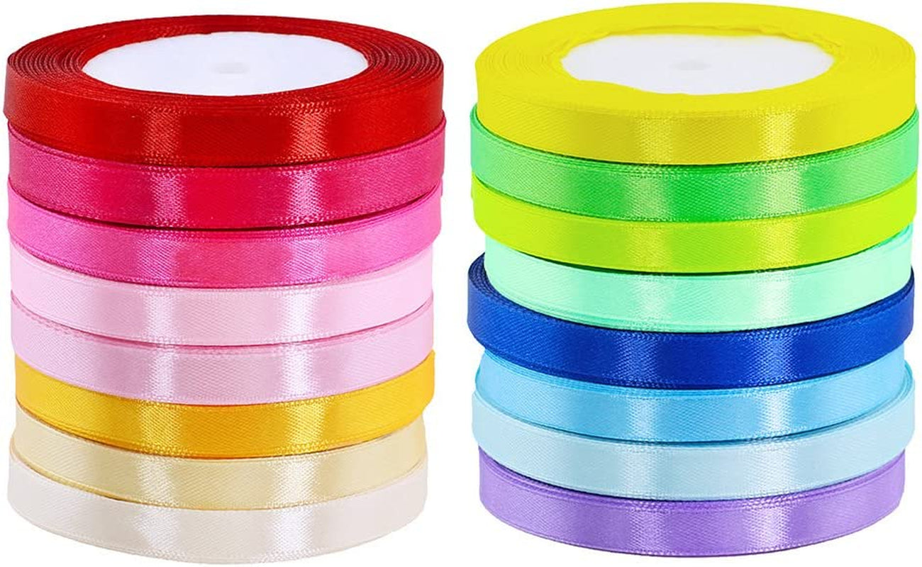 16 Colors 400 Yard Fabric Ribbon Silk Satin Roll Satin Ribbon Rolls in 2/5" Wide, 25 Yard/Roll,16 Rolls,Satin Ribbon Fabric Ribbon Embellish Ribbon Ribbon for Bows Crafts Gifts Party Wedding