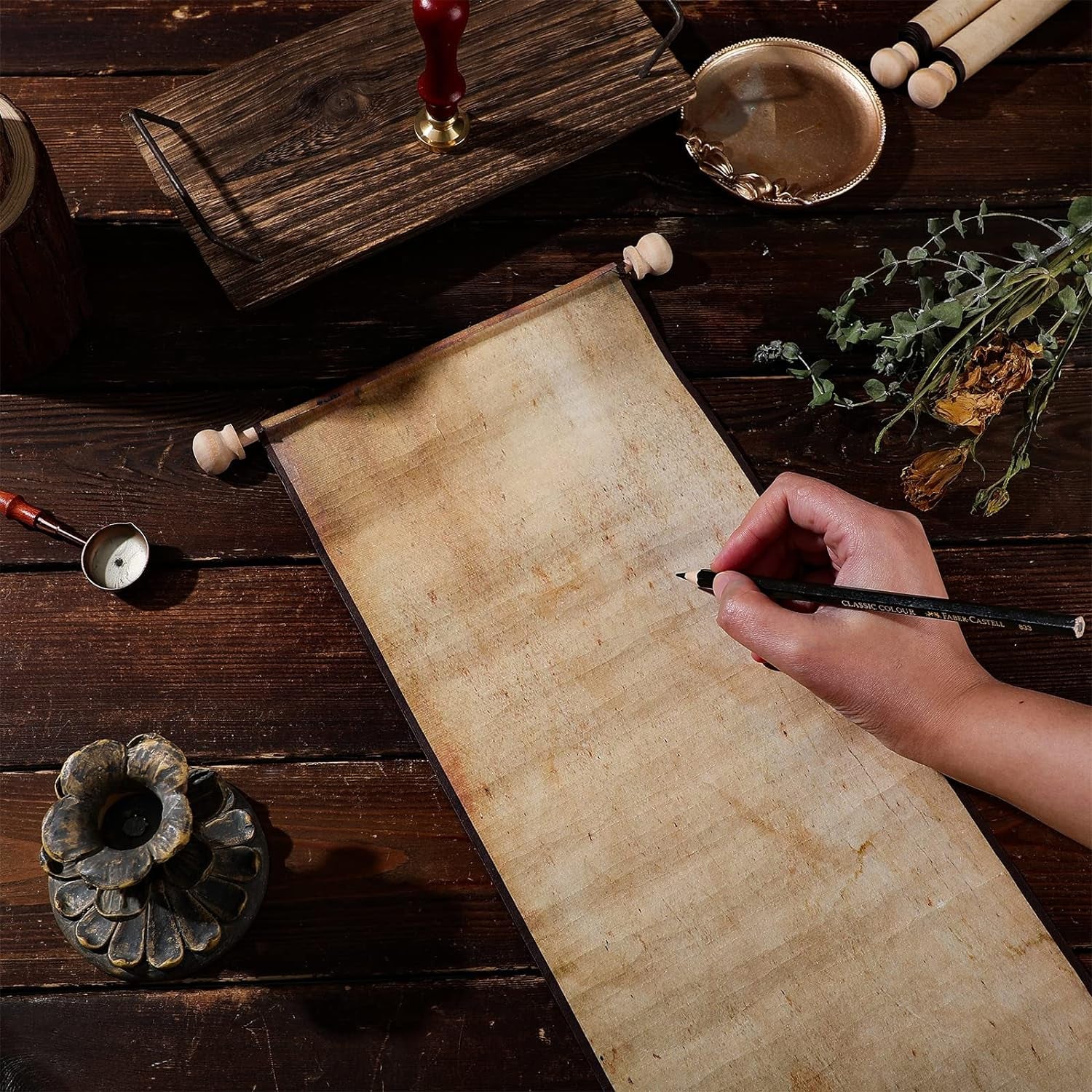 3 Pcs Vintage Blank Paper Scroll 7.28 X 30-32 Inches on Wood Rods Long Aged Scroll Paper Quick Drop Blank Scroll for Writing Drawing, Handwritten Calligraphy