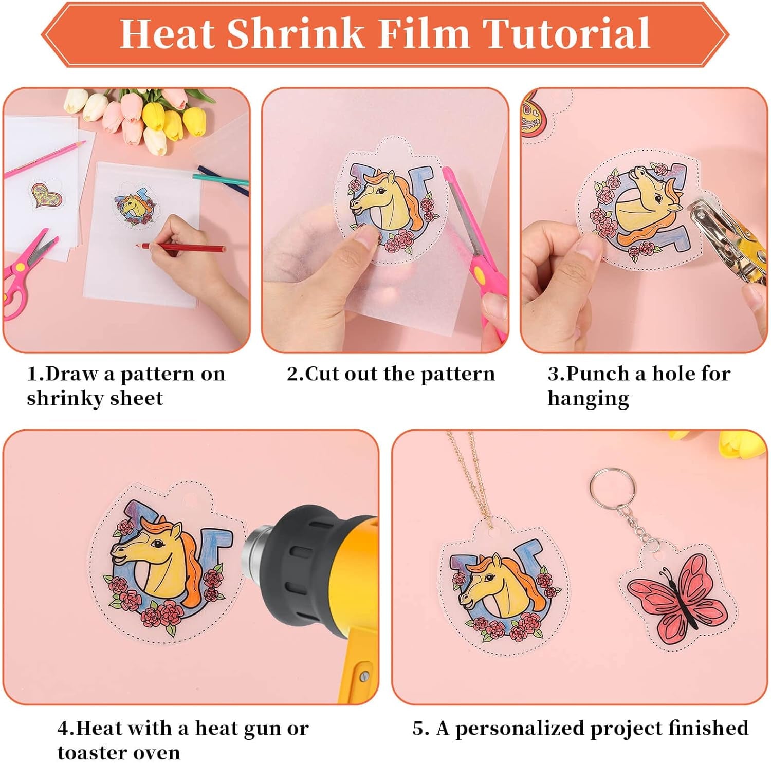 Shrinky Art Keychain Kit, Including 20 Sheets Shrink Plastic Paper, Keychain Clip, Split Key Rings, Key Rings with Chain, Jump Rings, Hole Punch for Craft Creative