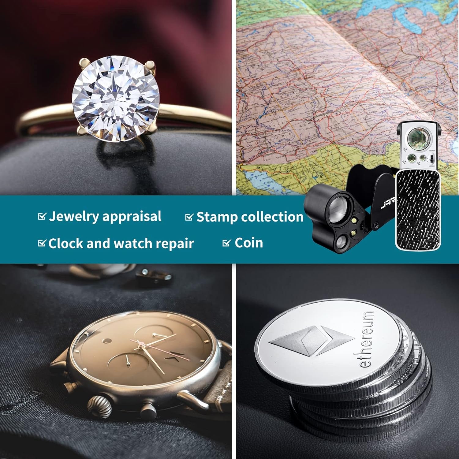 2 Pack Jewelers Loupe, 30X 60X 90X Illuminated Jewelers Eye Magnifier and Magnifying Glass Loop with UV Black Light and Bright LED Light for Gems, Jewelry, Diamond, Coins, Stamps (Black)