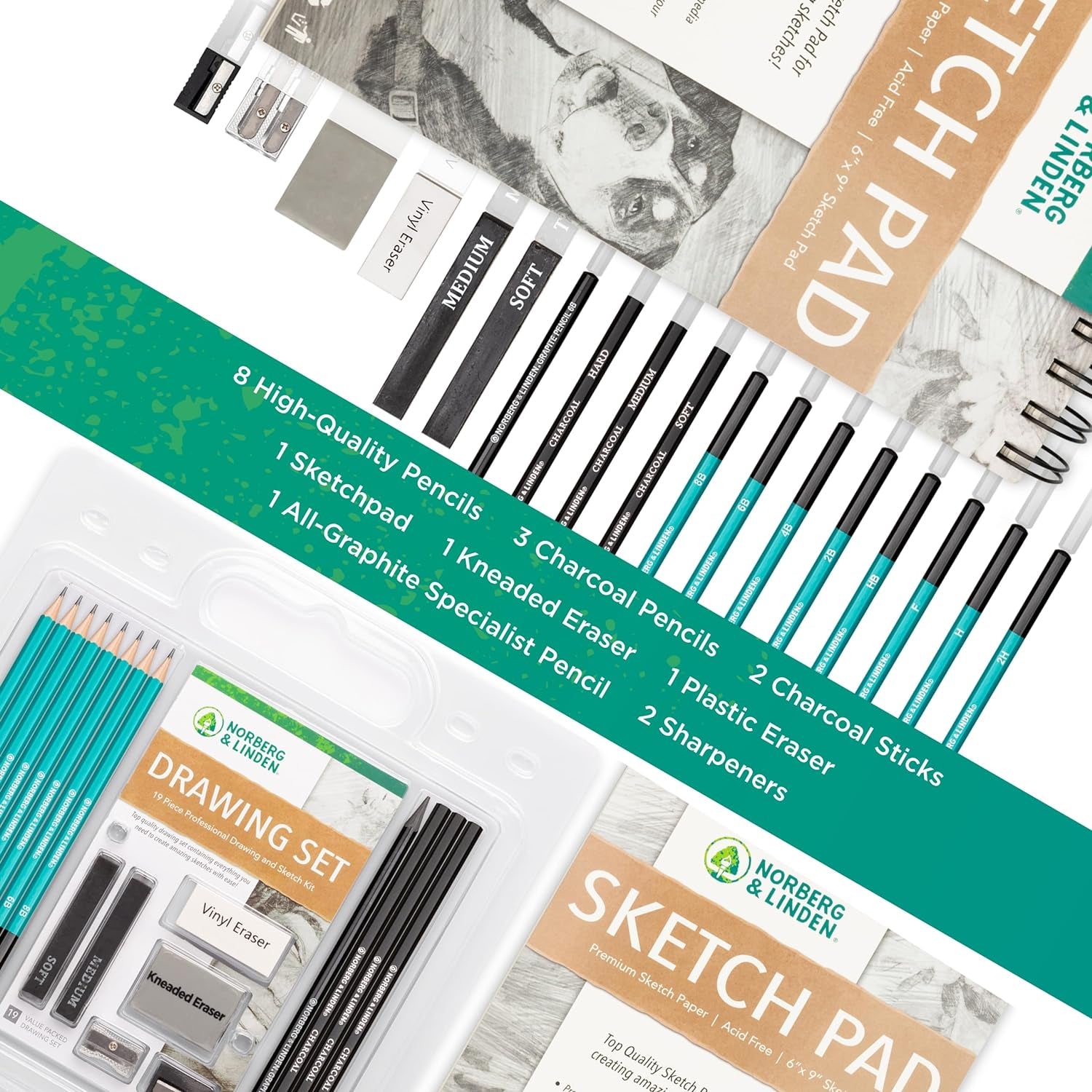 Drawing Set - Sketching and Charcoal Pencils - 100 Page Drawing Pad, Kneaded Eraser. Art Kit and Supplies for Kids, Teens and Adults