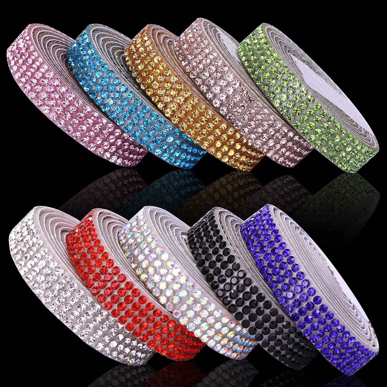 10 Rolls Self Adhesive Rhinestone Ribbon Crystal Diamond Sticker Bling Ribbon DIY Decoration with 2 Mm Rhinestones for DIY Arts Crafts,Wedding Party Decor,Car Phone Decoration.(Each Roll 1 Yard)