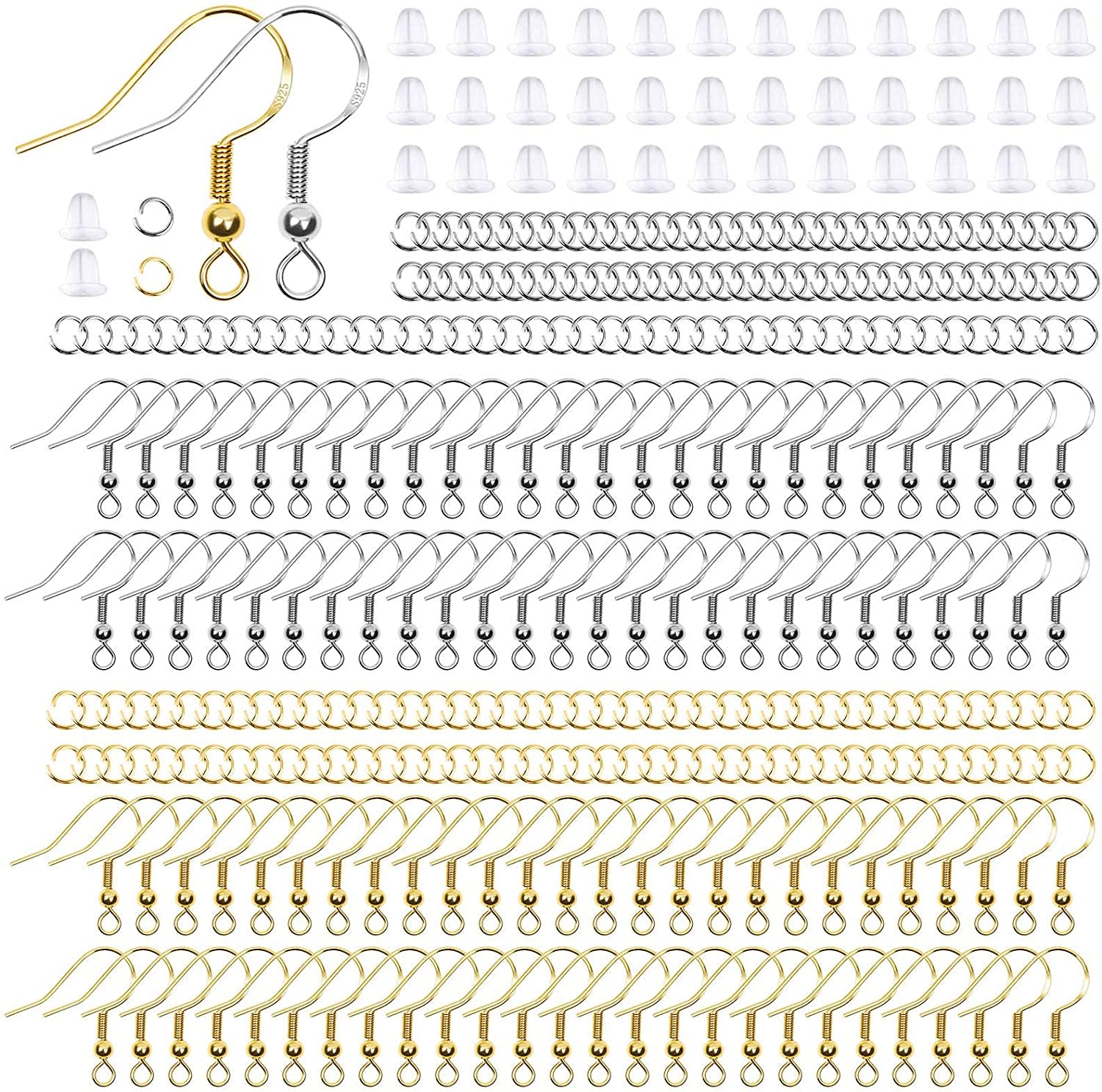 Hypoallergenic Earring Hooks,  600Pcs Earring Making Kit with Jump Rings and Clear Rubber Earring Backs for DIY Jewelry Making (Silver and Gold)