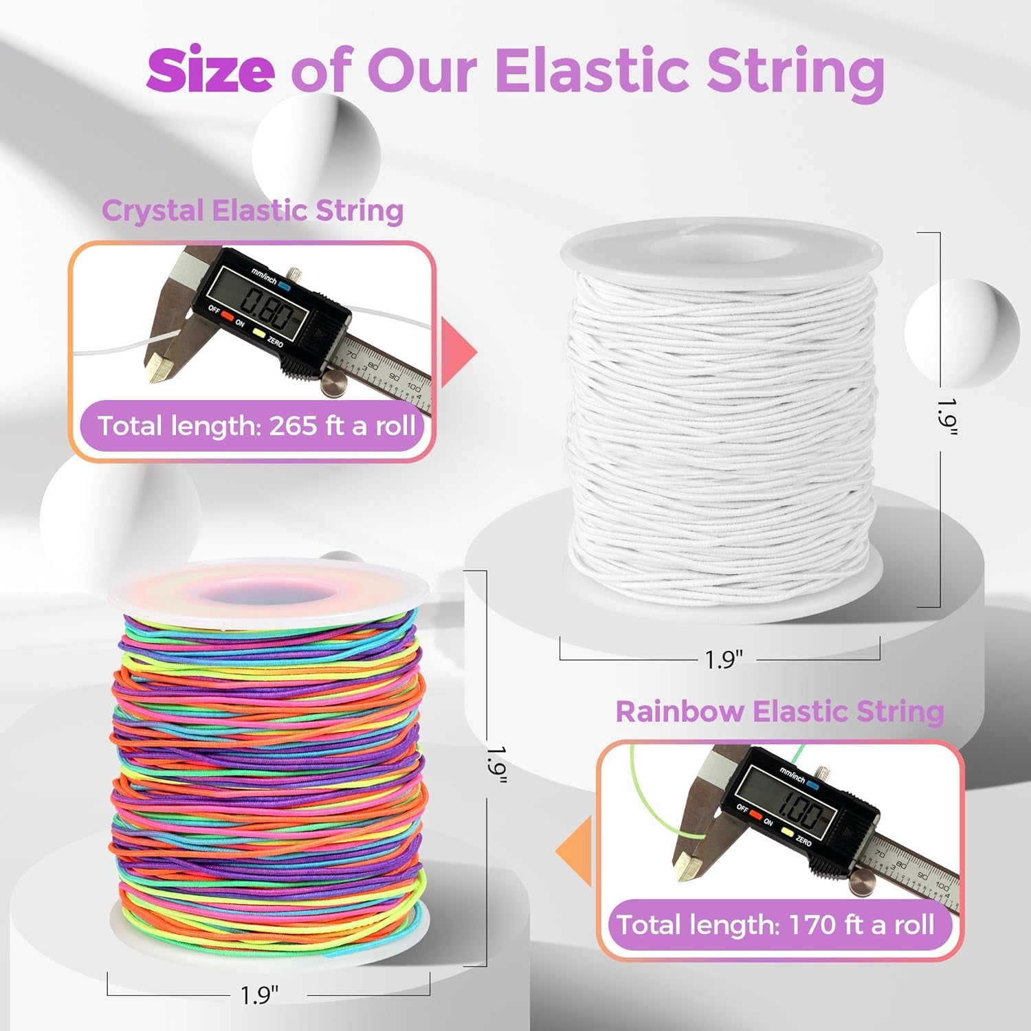 1Mm Rainbow Elastic String and 1Mm White Stretchy Bracelet String, Sturdy Elastic Cord Stretchy String for Bracelet Making, Jewelry Making, Beading(170 Ft Rainbow &amp; 170 Ft White)