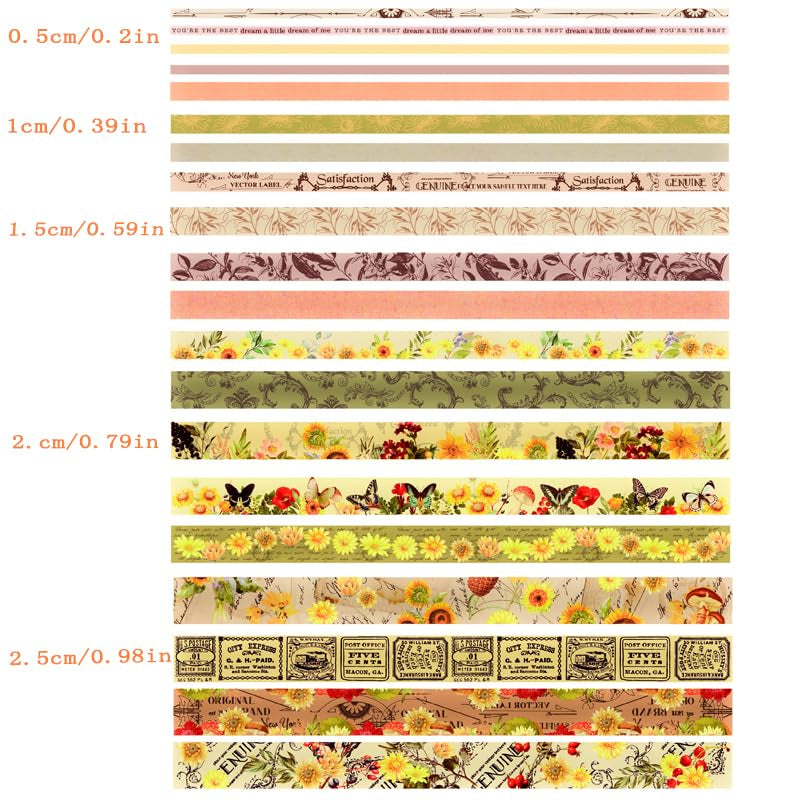 Washi Tape Set, 20 Rolls Sunflower Aesthetic Vintage Decorative Masking Tape,Sun Flowers Fall Tapes for Scrapbooking Supplies,Journaling Supplies,Junk Journal Supplies 5/10/15/20/25Mm