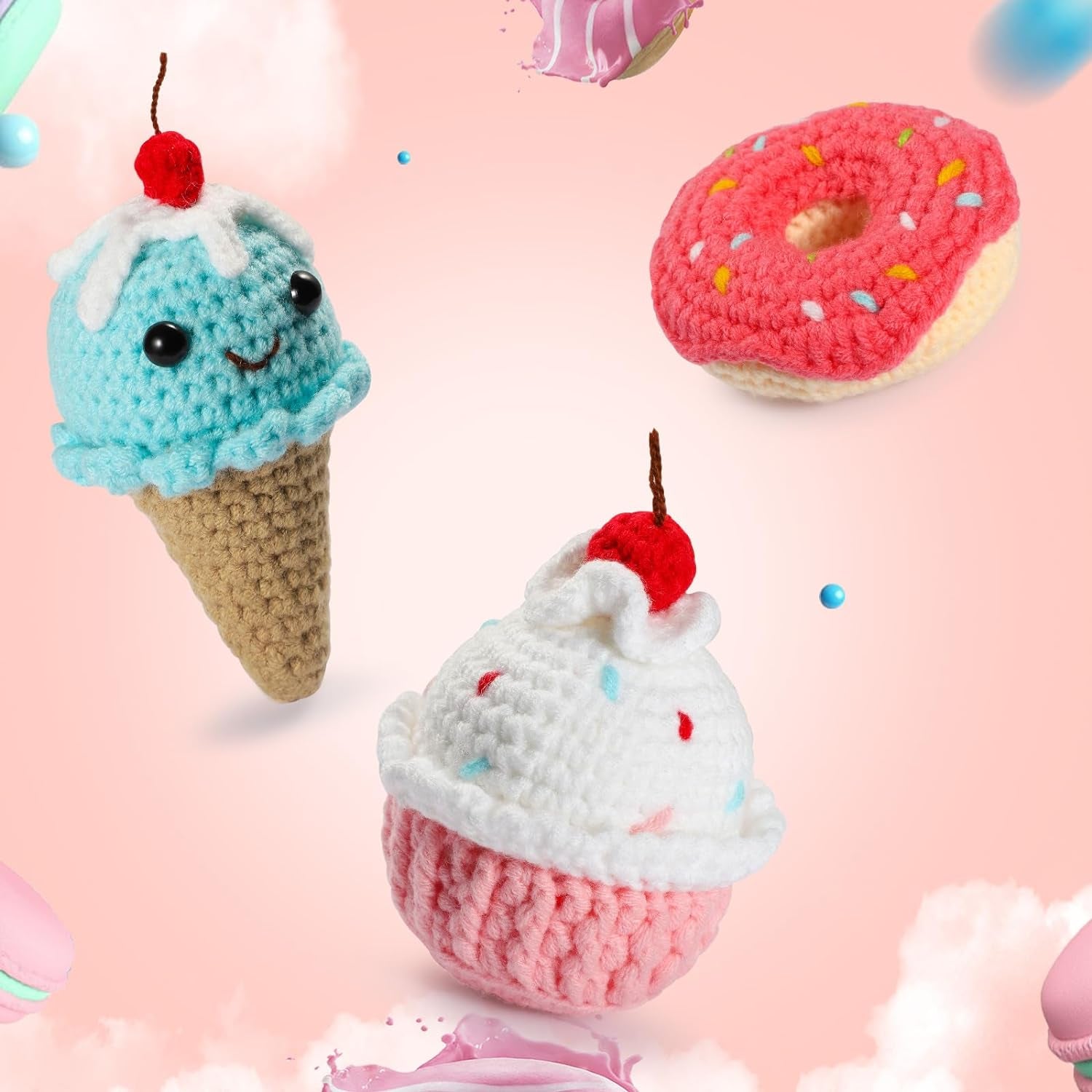 Crochet Kit for Beginners, 3Pcs Dessert Beginner Crochet Kit for Kids and Adults, Crochet Starter Kit DIY Knitting Kit with Step-By-Step Video Tutorial