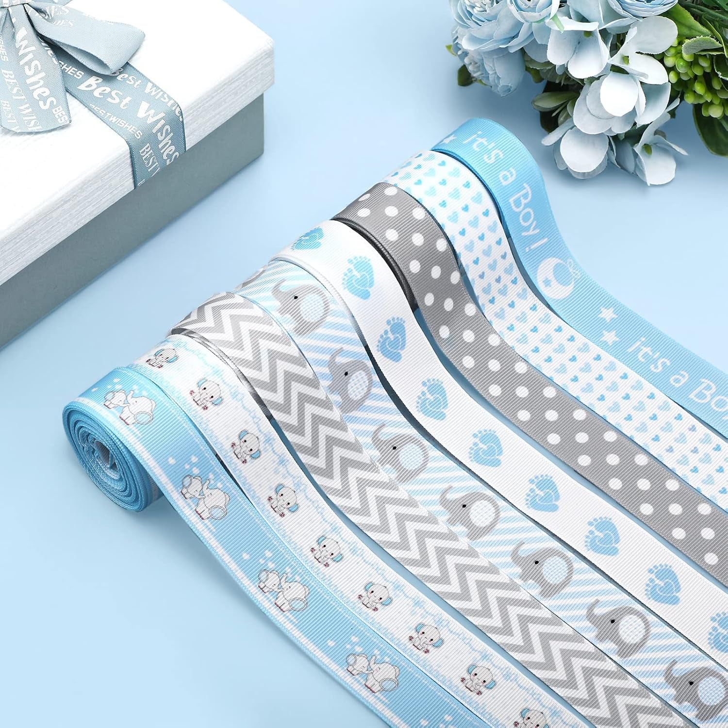 8 Roll Baby Elephant Grosgrain Ribbon 7/8 Inch Baby Shower Craft Ribbon It'S a Boy/Girl Foot Print Ribbon for Gift Wrapping Baby Shower Gender Reveal Party Diaper Cake Decor, 40 Yard Total (Blue)