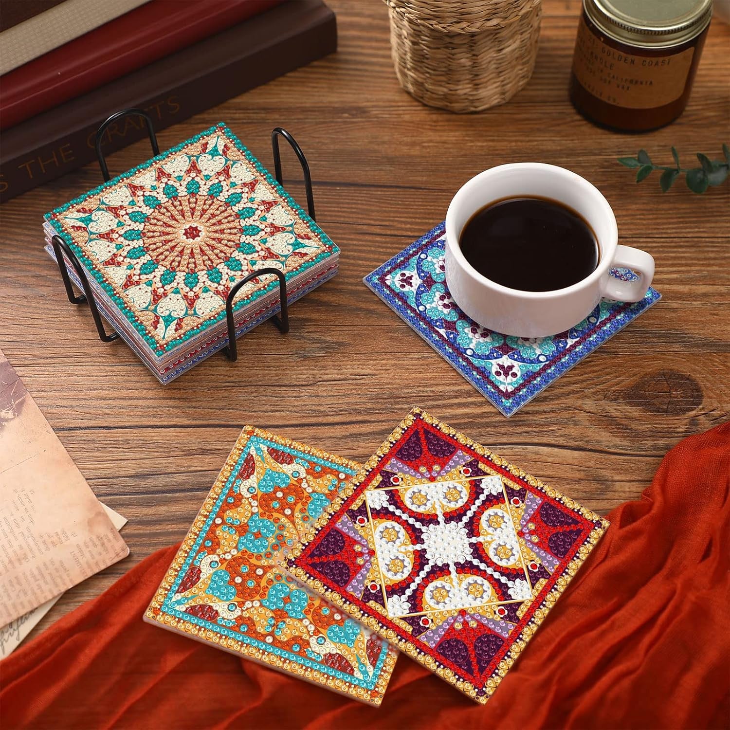 8 Pcs Diamond Coasters Diamond Painting Coasters DIY Mandala Coasters with Holder Square Boho Paisley Diamond Art Coasters 5D Diamond Painting Kits for Beginners Adults Kids Craft
