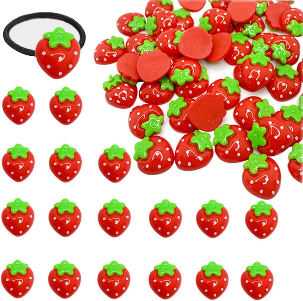 HWAQHDYL 50 Pcs Resin Strawberry Flat Back Cute Flat Back Charms Kids Scrapbooking Embellishment for DIY Craft Decors Hair Accessories Craft Making (B)
