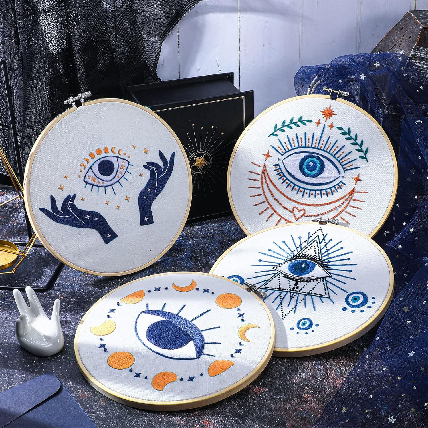 4 Set Embroidery Kits for Adults Beginner Evil Eye Cross Embroidery Kits with Patterns Instructions Embroidery Hoops Needles Colored Threads Needle Detector for Adult DIY