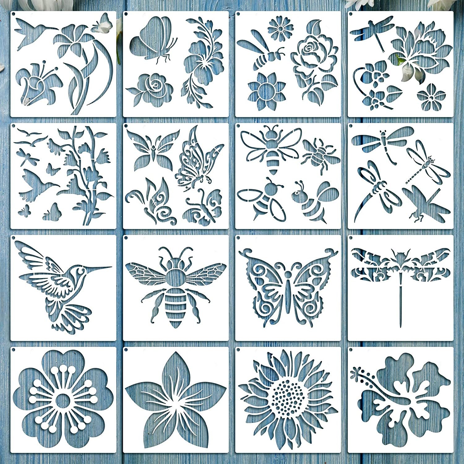16 Pieces Flower Stencil for Painting Bee Sunflower Butterfly Spring Stencil Large Template Reusable Summer Painting Stencil and Metal Open Ring for DIY Craft on Wood Wall Home Decor(5.1 X 5.1 Inch)