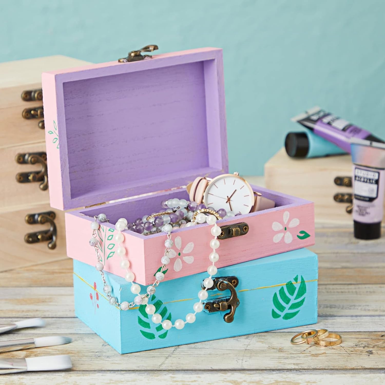6 Pack Unfinished Wooden Boxes for Crafts with Hinged Lids and Front Clasps, 6X4X2 in for Jewelry, Crafts, Storage