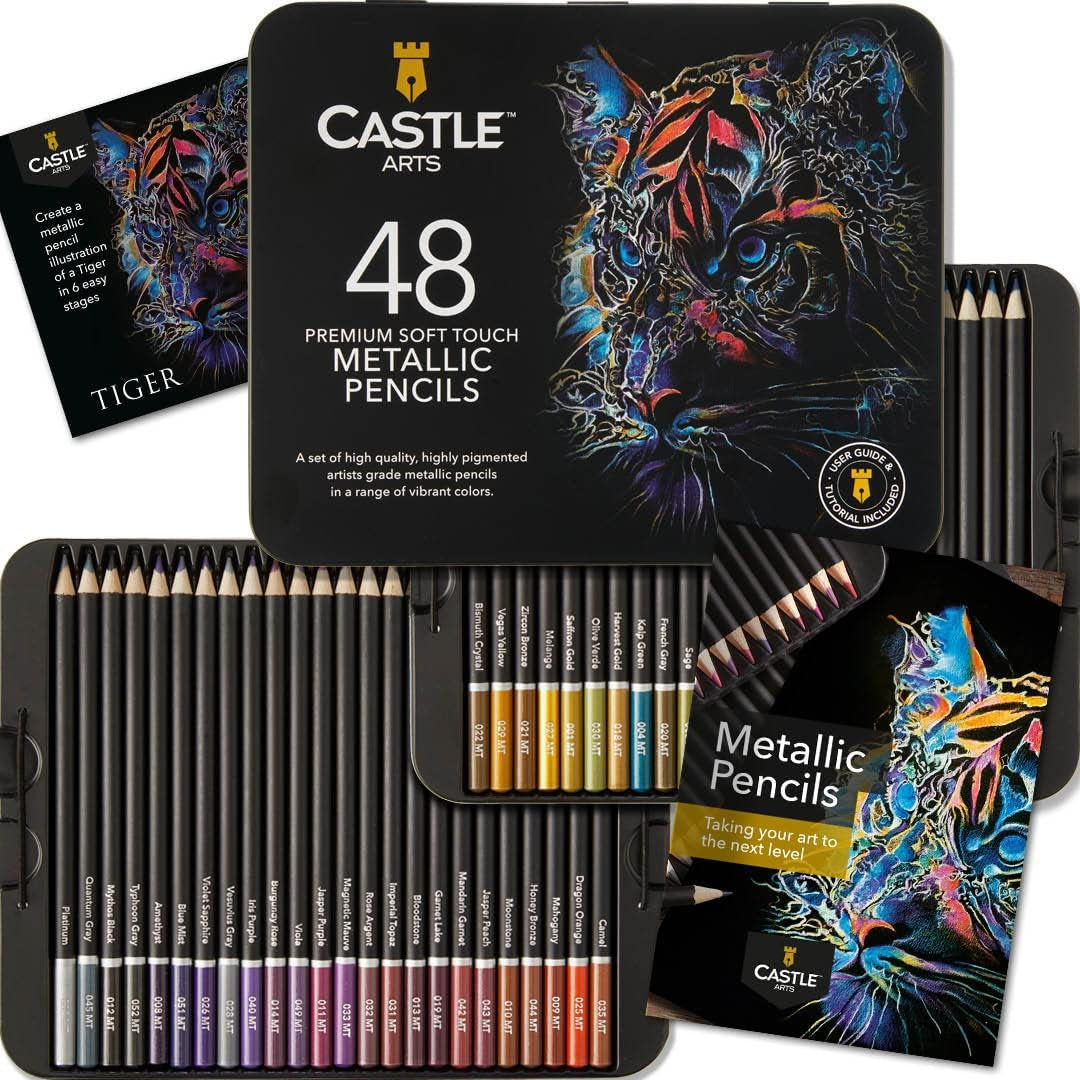 48 Piece Metallic Colored Pencil Set | 48 Shimmering Shades with Wax Cores for Professional, Adult Artists and Colorists | Protected and Organized in Presentation Tin Box