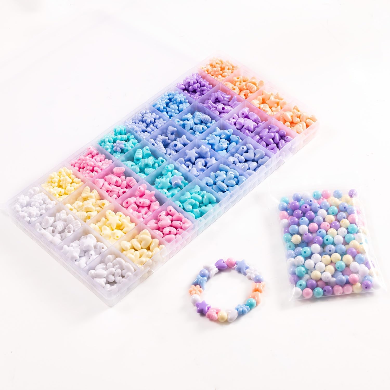 840Pcs Star Heart Kandi Acrylic Beads Candy Color Cute Pastel Circle Loose Spacer Beads Assorted Colorful Shape Bow Beads Bulk for Friendship Bracelets and Jewelry Making Kit (1000)