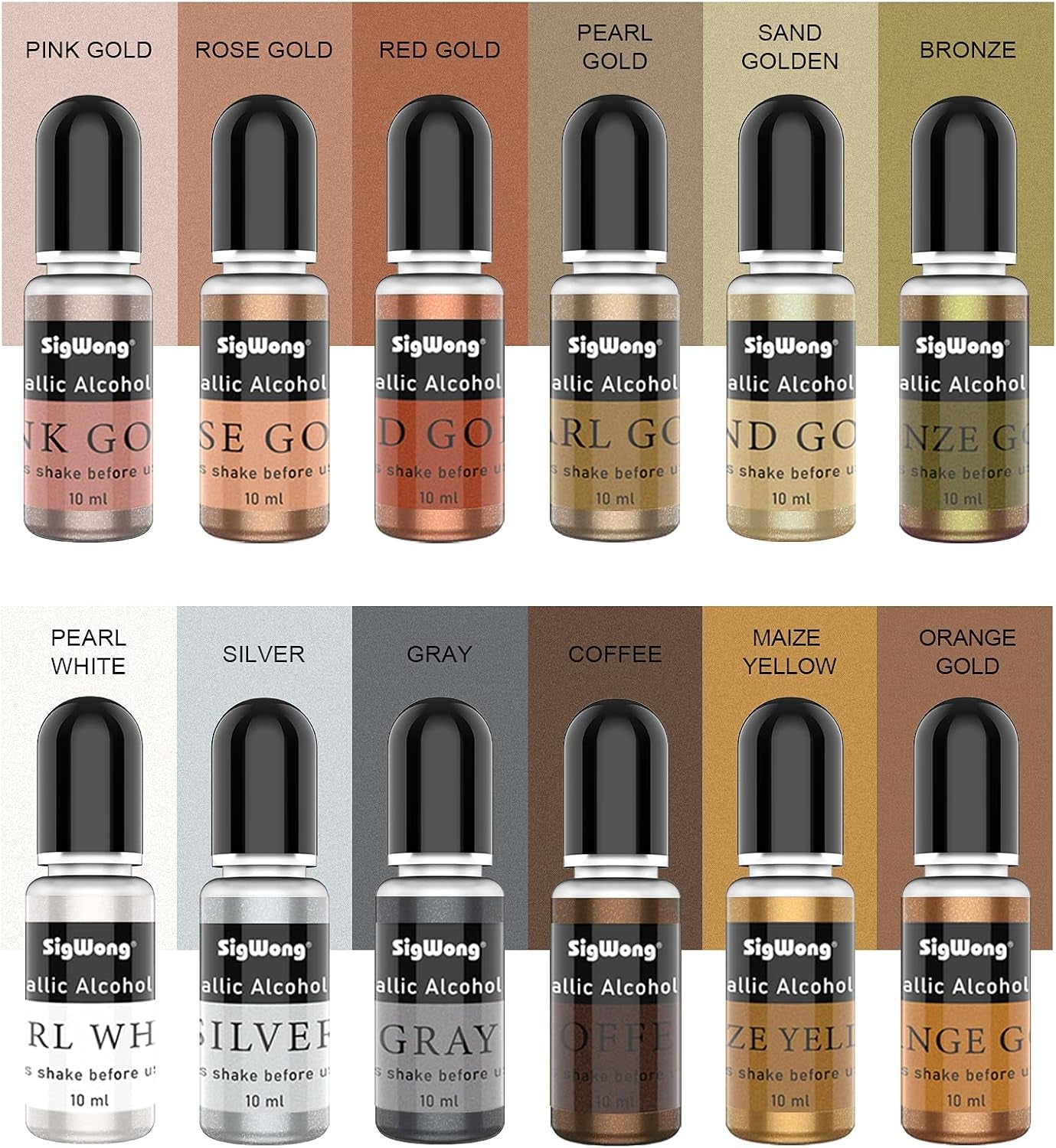 Metallic Alcohol Ink Set - 24 Metal Color Alcohol-Based Ink, Shimmer Mixatives Epoxy Resin Paint Colour Dye Great for Resin Petri Dish, Yupo, Coaster, Painting, Tumbler Cup Making(10Ml Each)