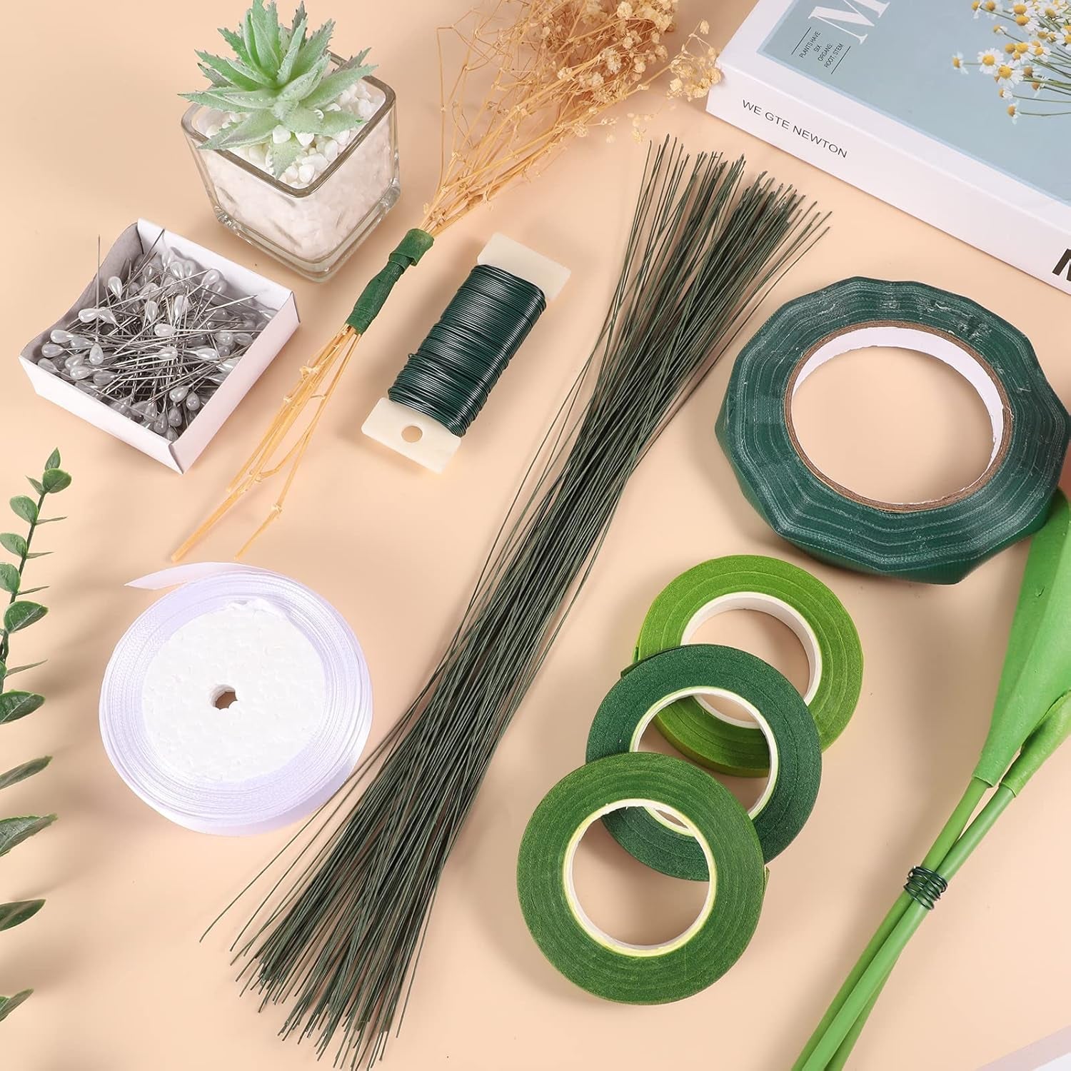 Floral Tape and Floral Wire Floral Arrangement Kit,Green Floral Tape and Boutonniere Pin White Ribbon Wire Cutter 22 Guage Floral Stem Wire for Wreath Making Supplies