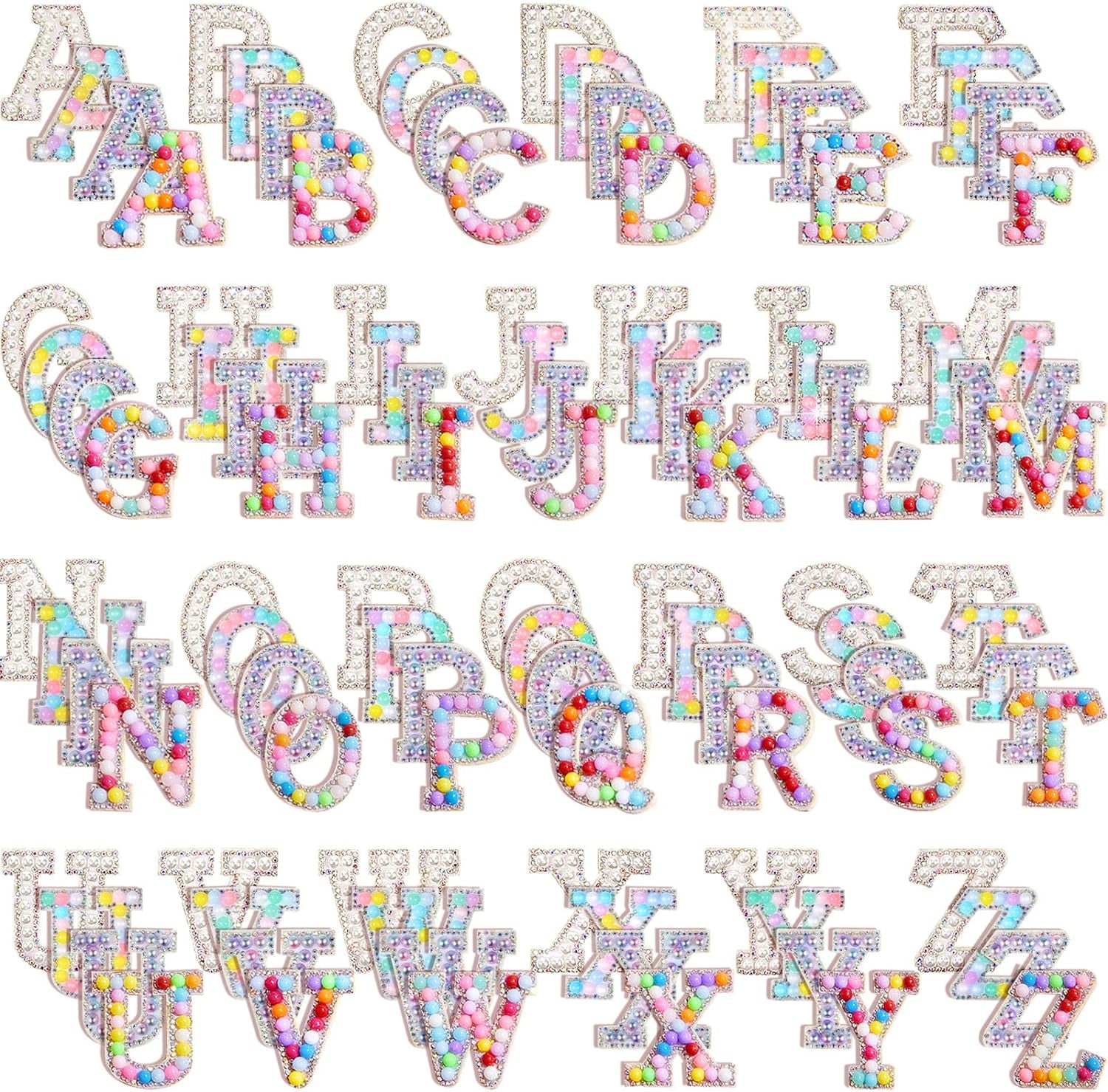 104 Pcs Pearls Rhinestone English Patches A-Z Glitter Pearl Sew on Patches Iron on Letters for Clothing Alphabet Applique Pearl Beaded Letter Patches for DIY Crafts Clothes, 4 Styles