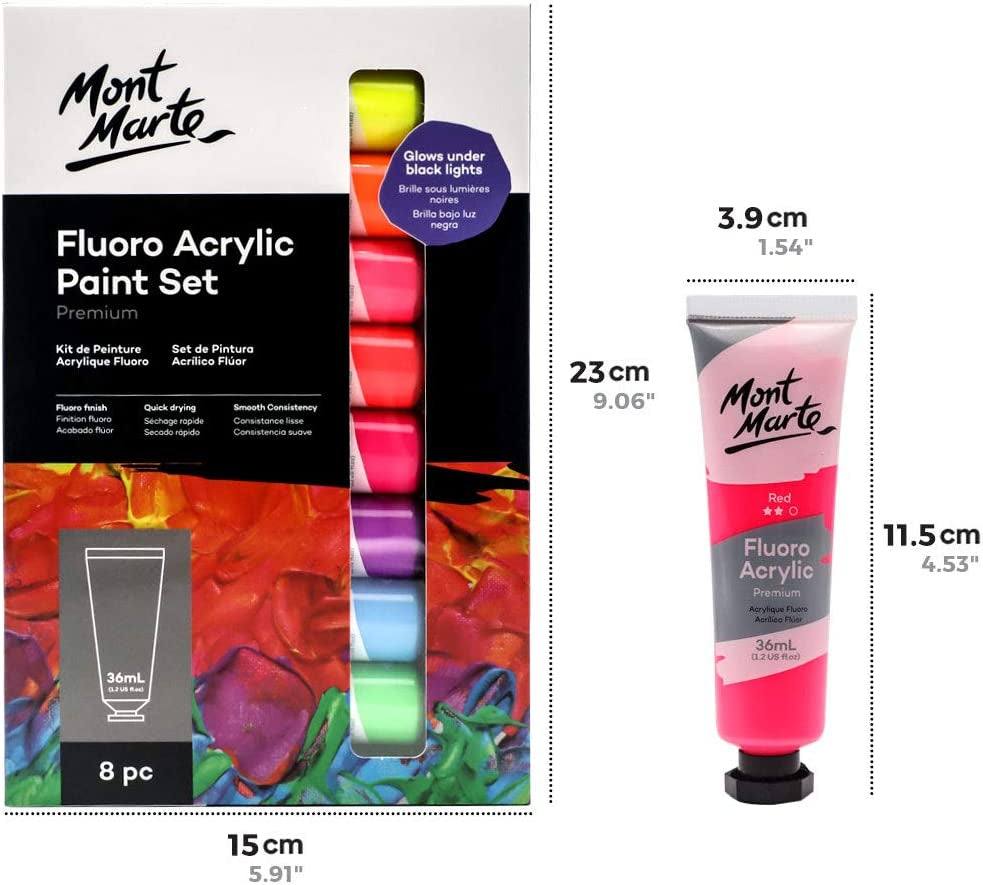 Fluoro Acrylic Paint Set, 8 X 1.02Oz (36Ml) Tubes, 8 Colors, Suitable for Most Surfaces Including Canvas, Card, Paper and Wood