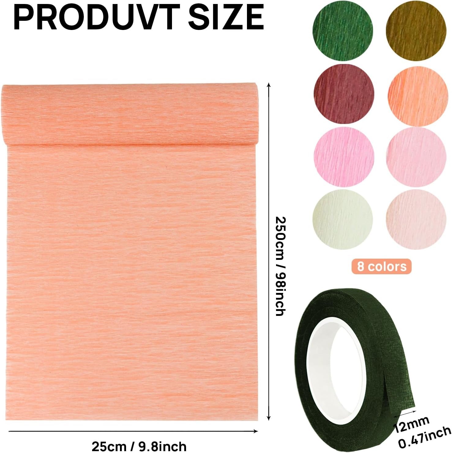 Crepe Paper Flowers, 8 Rolls Wide Crepe Paper Sheets with 2 Floral Tape, Crepe Paper Roll Decorative Party Streamer Flower DIY Kits for Festival Wedding Party Flower Making Supplies(Dried Rose Series）