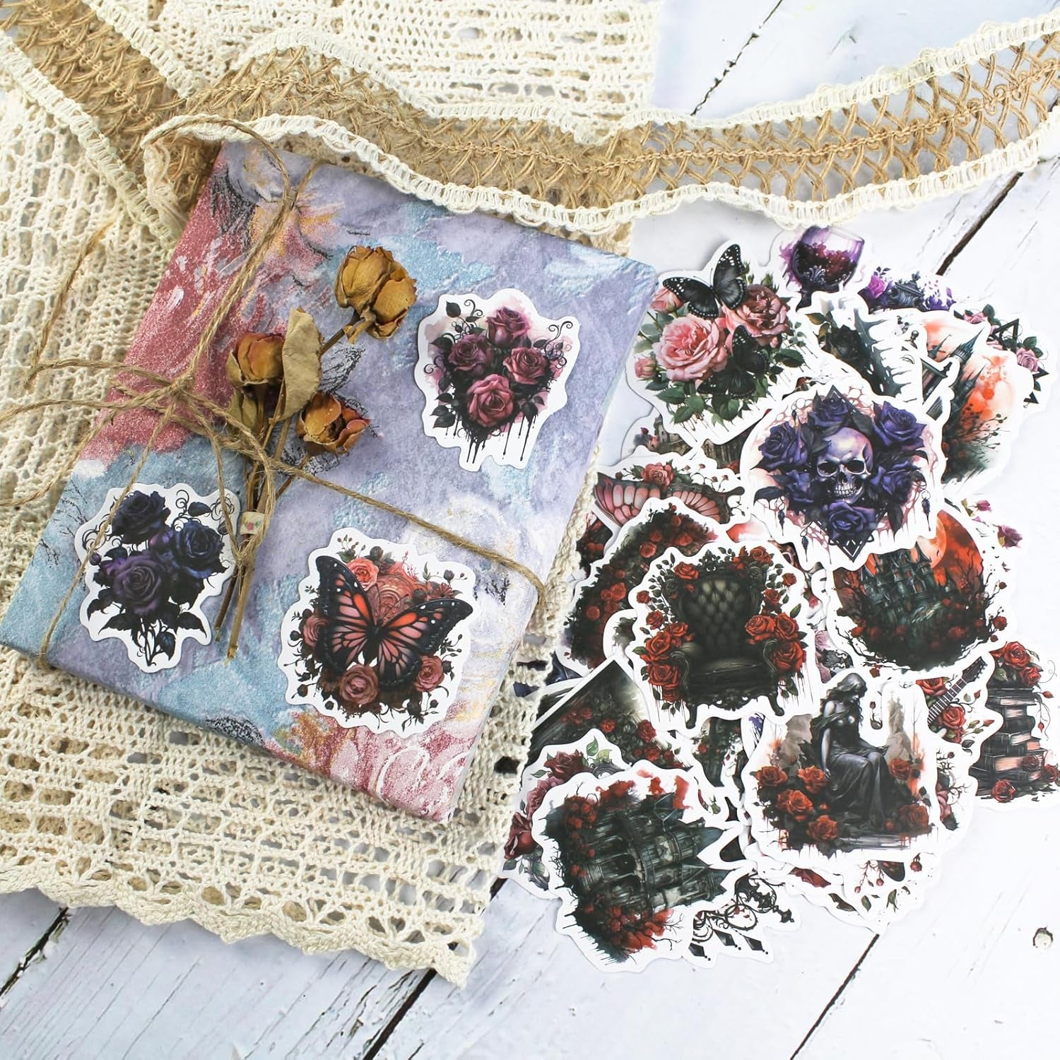 100 Pcs Dark Aesthetic Goth Style Stickers, Vintage Rose Skull Stickers Horror Vinyl Decals for Water Bottles Laptop Phone Scrapbook Junk Journal Collage DIY Crafts