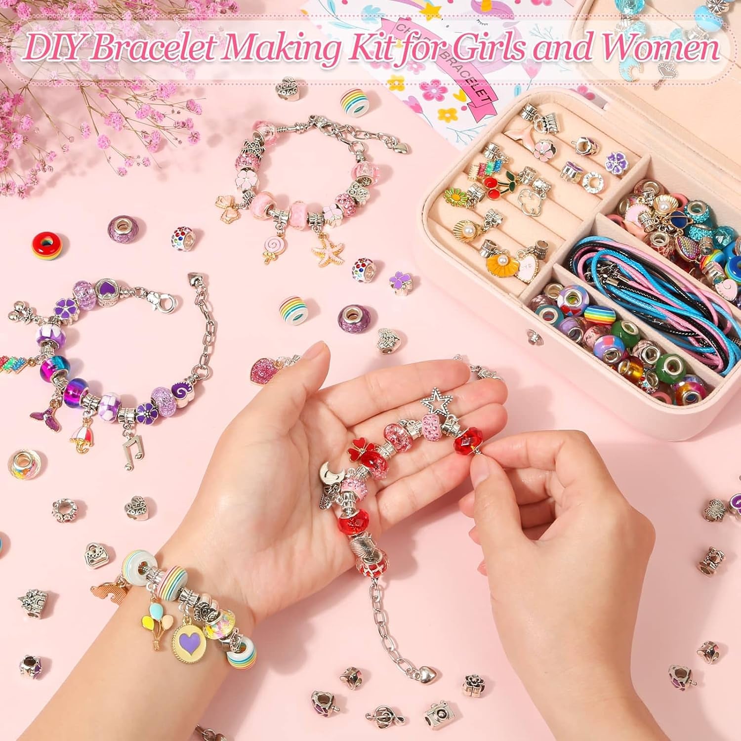 150Pcs Charm Bracelet Making Kit with Jewelry Box Girls Beads for Jewelry Making Kit with DIY Crafts Gift for Girls Bracelet Teen Women Birthday Valentine Gifts Christmas