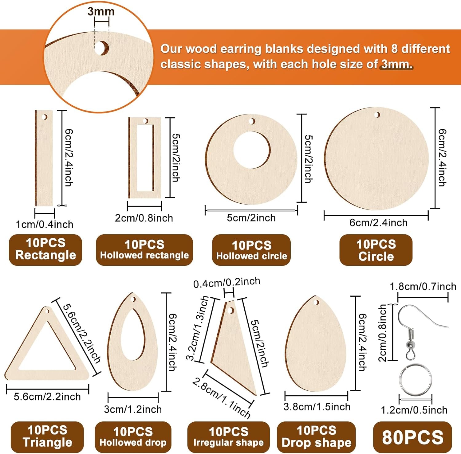 280 Pieces Unfinished Wooden Earrings Blanks Wooden Teardrop/Circle/Triangle/Rectangle Shapes Earrings Pendants Wood Earring Pendant Pieces with 100 Pieces Hooks & 100 Pieces Rings