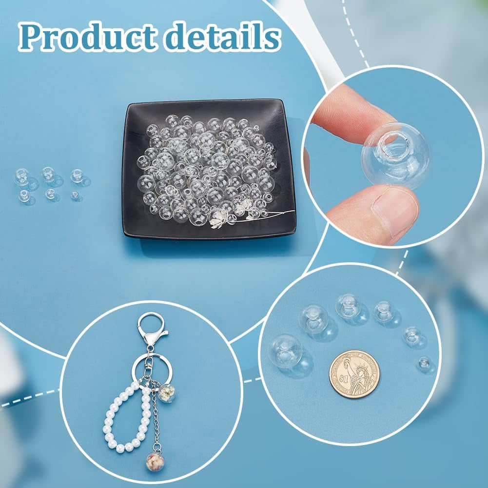 180Pcs Mini Glass Globe, 6 Size Glass Ball Bottles Orbs Ball Wish Glass Ball Glass Spheres UV Planet Crystal Craft Ball for UV Resin Dice Pendant Charms Earring Making 8~18Mm