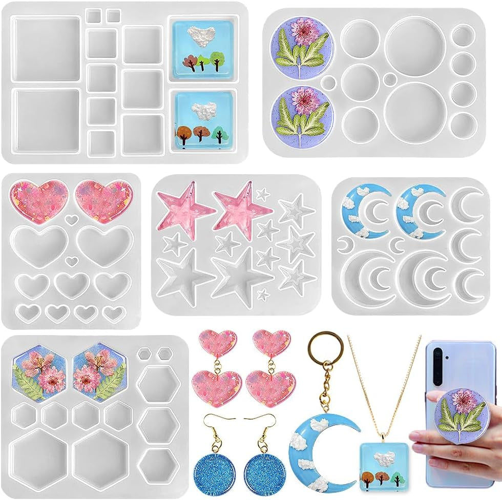 Multi-Functional Small Silicone Molds Set for Resin, Earrings Resin Molds, Hexagon round Crescent Moon Pentagram Heart Molds for Keychain Badge Reel Pendant Charm Earrings Jewelry Making