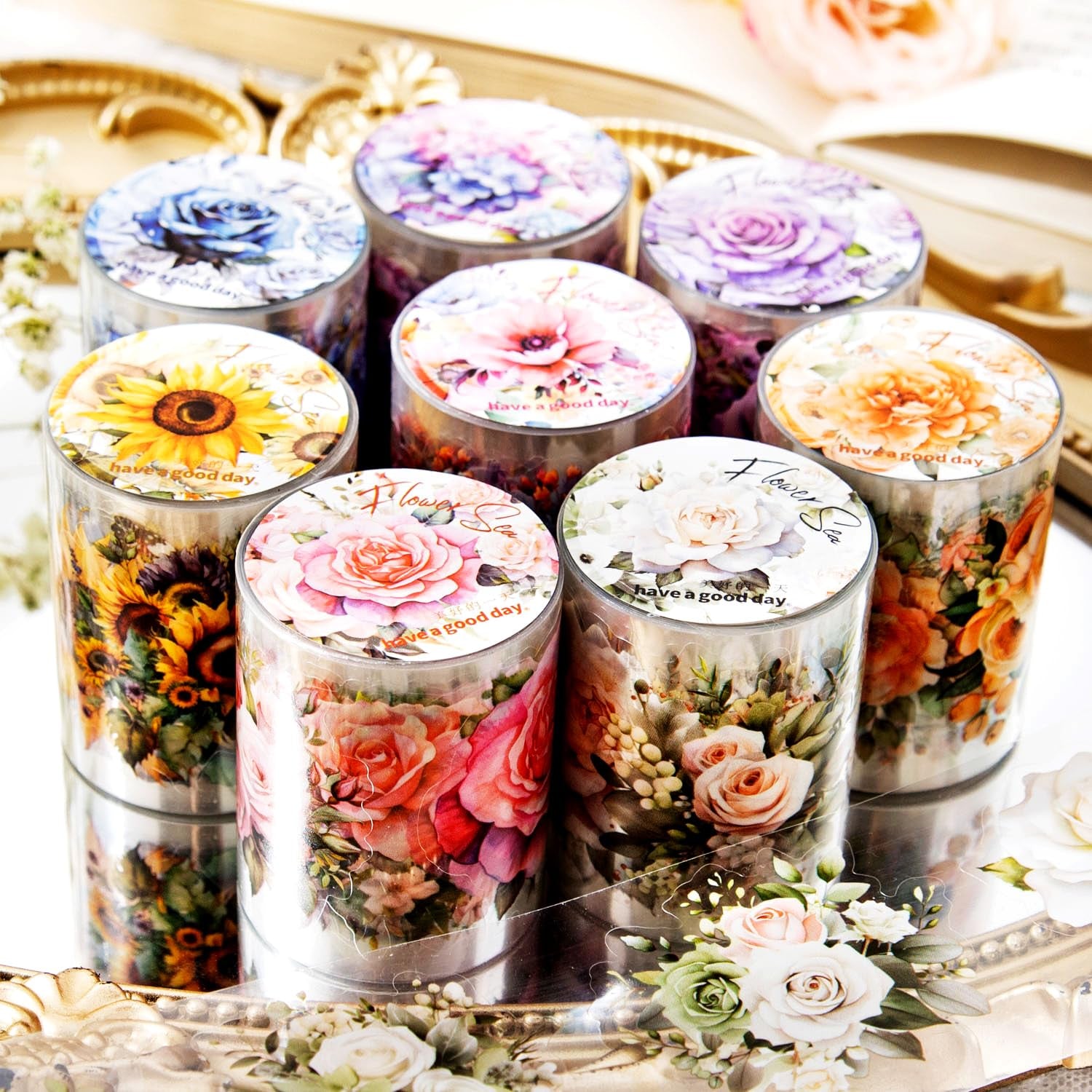8Rolls Floral Washi Tape Set Flower Washi Tape Stickers Sunflower Rose Hydrangea Butterfly Decorative Masking Tape Vintage Washi Tapes Pet Tape Decorative Tape for Crafts Journaling Scrapbook Supplies